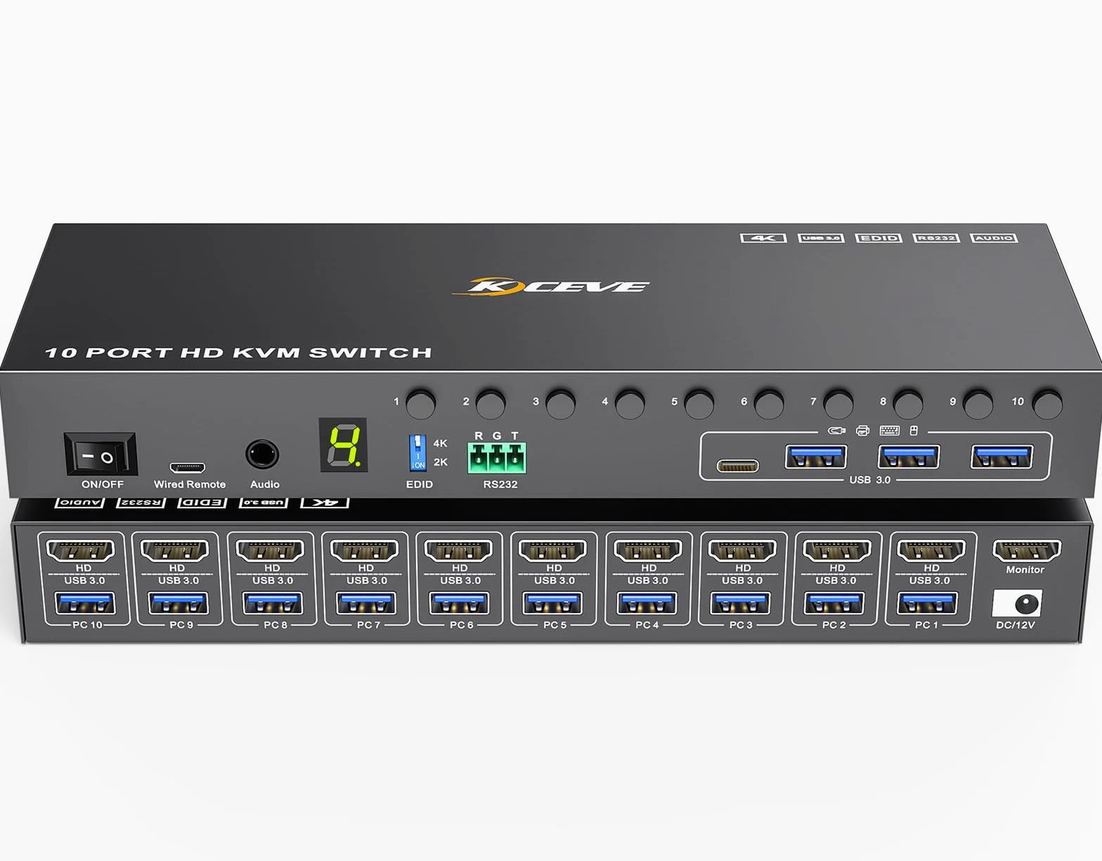 10 Porte 8 Porte KVM Switch HDMI 4K@60Hz Simulazione EDID, USB 3.0 10 PC Switch KVM Condividono 1 Monitor e 4 Dispositivi USB, Audio, RS232, Dotato Cavo Remoto, Alimentazione 12V e 10*Cavo USB