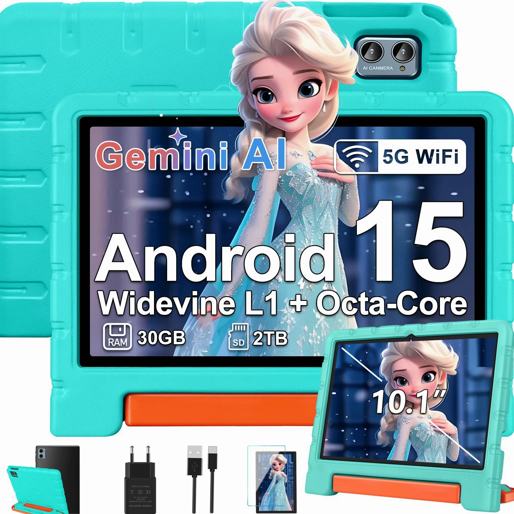 ZIOVO Tablet Bambini 10 Pollici Tablets Android 15, 30GB RAM+64GB ROM(TF 2TB), 5G WiFi Tablets,Gemini AI/Octa-Core/Widevine L1/Face ID/Parentale Controllo/6000 mAh/BT 5.0, Tablet con Eva Caso- Verde