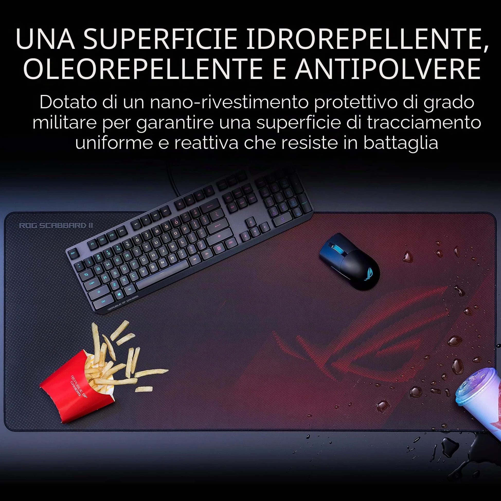 ASUS ROG Scabbard II Gaming Mousepad-Triple Guard Superficie di rivestimento protettivo respinge acqua, olio, polvere, bordi piatti cuciti anti-sfilacciamento, base in gomma antiscivolo, superficie