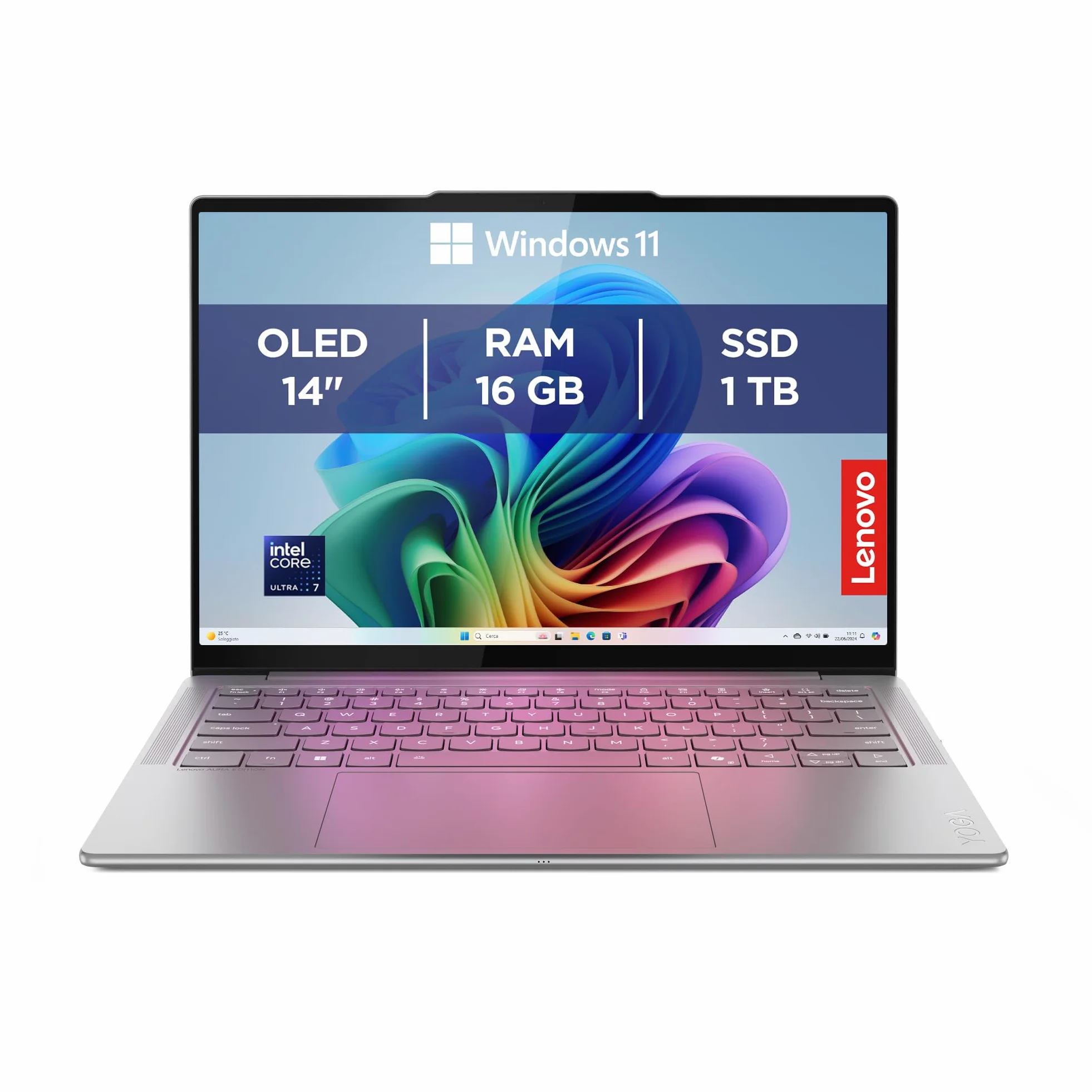 Lenovo Yoga Slim 7 Aura Edition Notebook Copilot+ PC - Display OLED 14" 2.8K WQXGA+ (2880x1800), Intel Core Ultra 7 256V, RAM 16 GB, 1 TB SSD, Grafica Intel Arc, Windows 11 Home - Luna Grey
