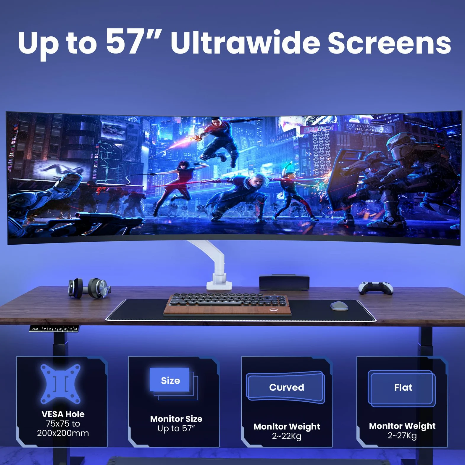 PUTORSEN - Supporto per monitor Ultrawide 22-57 pollici, regolabile in altezza, fino a 27 kg, VESA Max fino a 200 x 200 cm