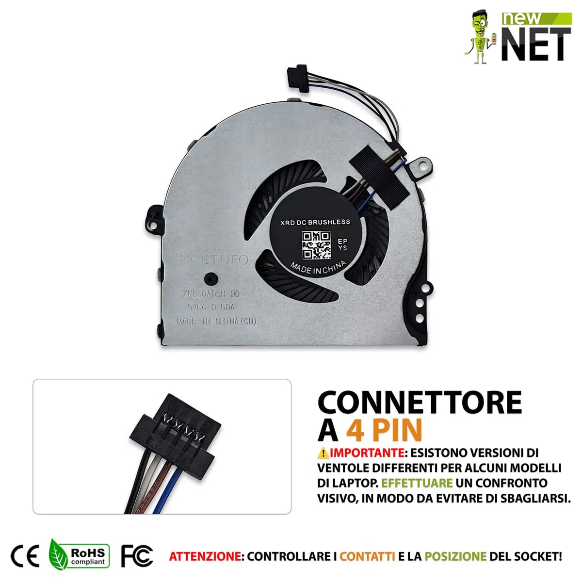 New Net - Ventola CPU Fan compatibile con HP Pavilion 15t-cc, 15t-cc500, 15t-cc5xx, 15-ck, 15-ck000, 15-ck0xx [4 pin - diametro 50 mm]