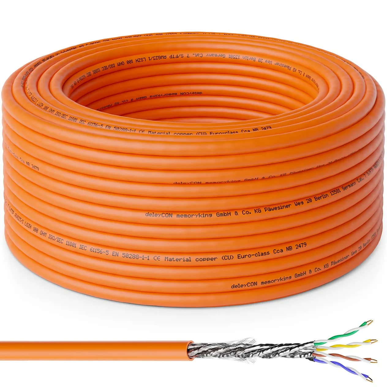 deleyCON 50m CAT.7 Cavo di Installazione in Rame Rigido S/FTP PIMF Cavo di Rete LAN Ethernet Dati Gigabit CAT7 10Gbit 1000MHz LSZH Senza Alogeni Dichiarazione di Prestazione - Certificato GHMT