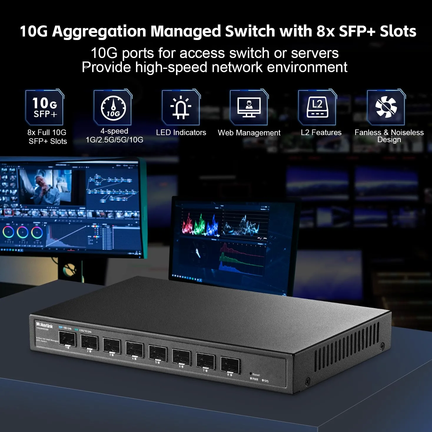 MokerLink Switch gestito 8 porte 10Gbps SFP+, supporto modulo SFP 1G/2,5G/10G, larghezza di banda 160Gbps, switch di rete gestito Web senza ventola in metallo