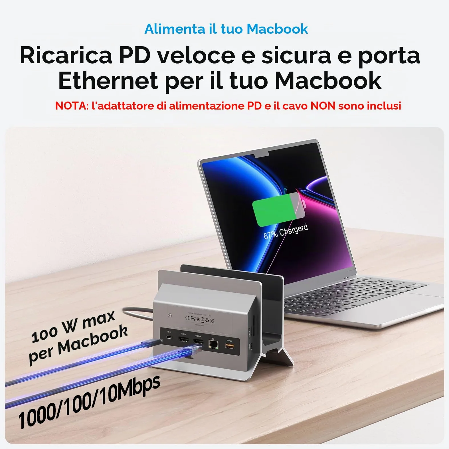 MacBook Docking Station Dual Monitor, Docking Station USB C per laptop con 2 HDMI 4K@60Hz, USB A/C 10Gbps, PD, Ethernet, M.2 SSD Case, Vertical Dock Stand SD/TF per MacBook Pro Air M3 M4 M5