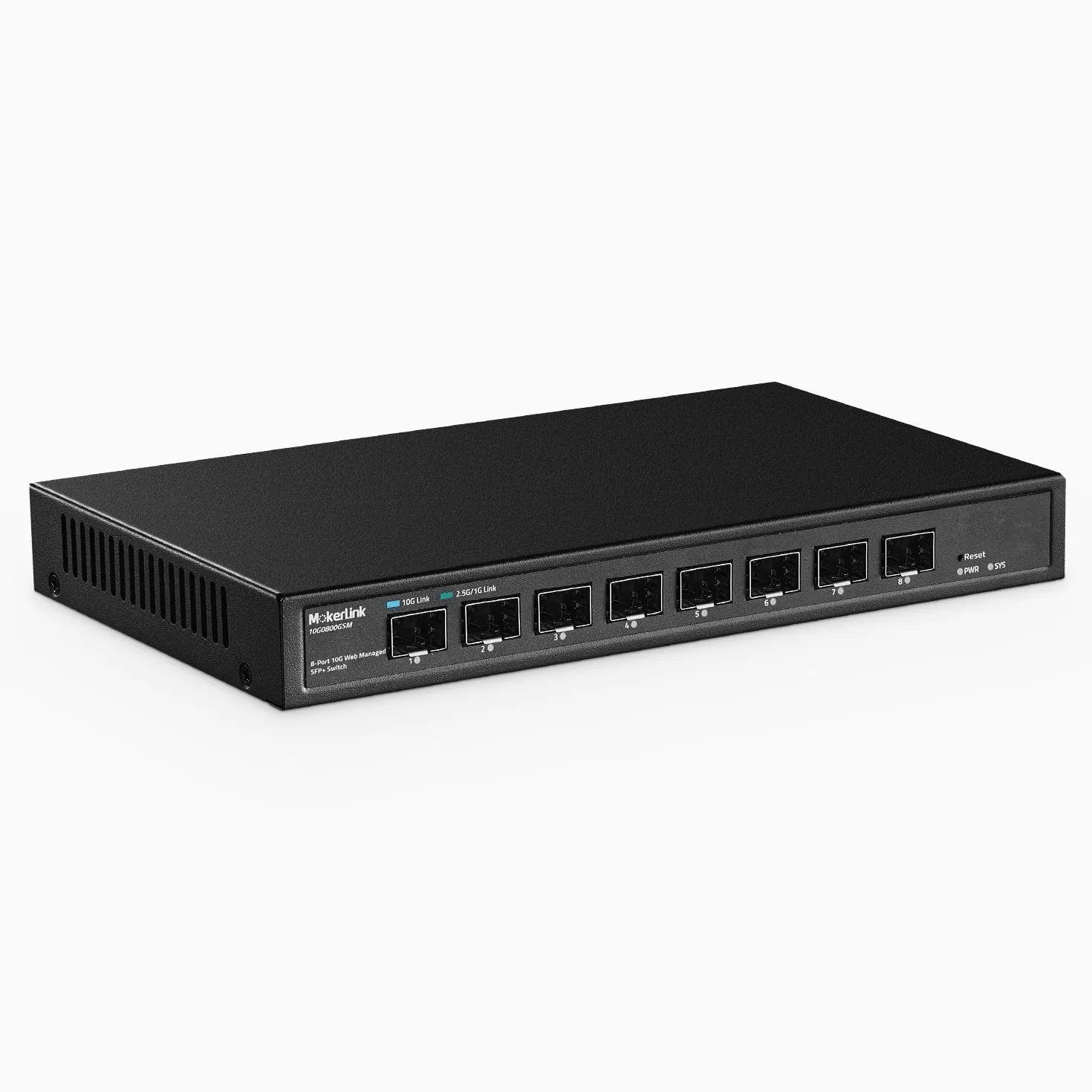 MokerLink Switch gestito 8 porte 10Gbps SFP+, supporto modulo SFP 1G/2,5G/10G, larghezza di banda 160Gbps, switch di rete gestito Web senza ventola in metallo