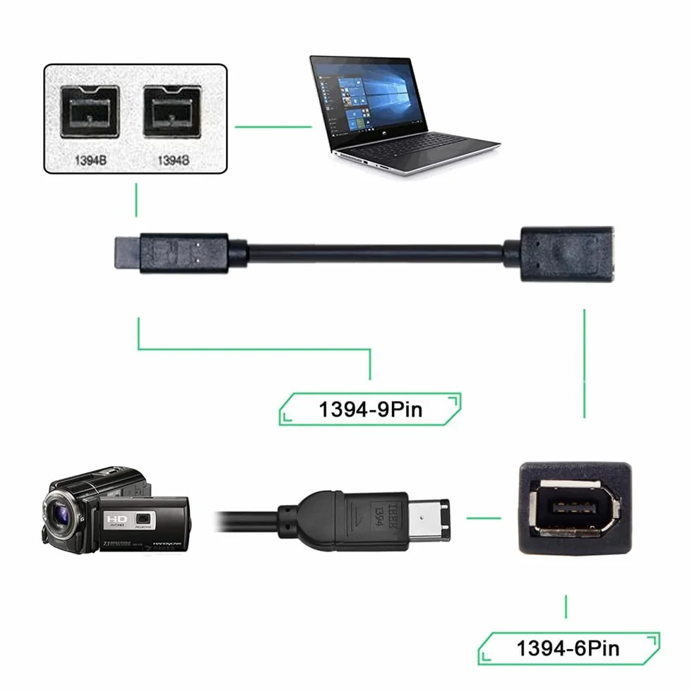 IEEE 1394 6Pin Femmina a 1394b 9Pin Maschio Firewire 400 a 800 Cavo 20cm