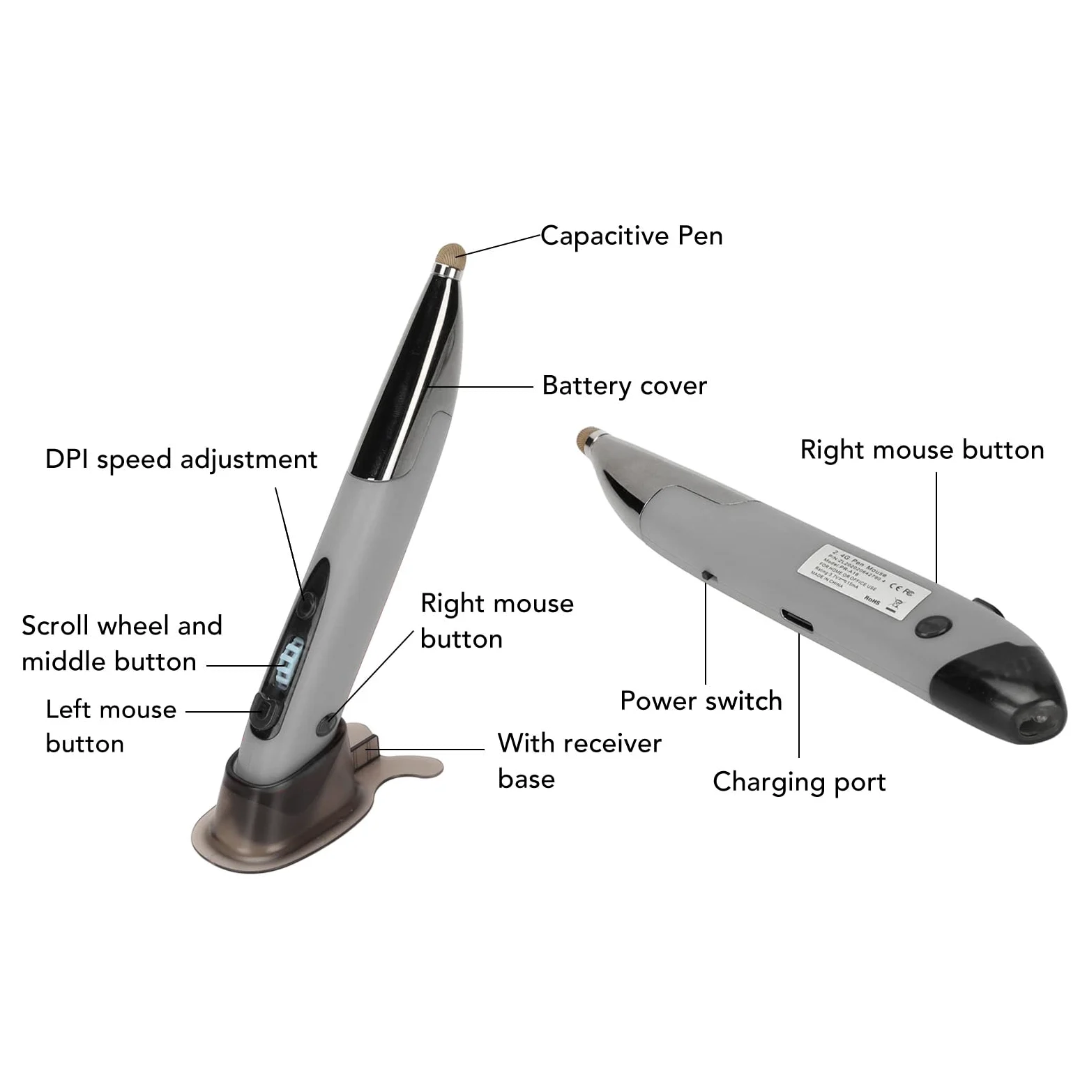 Mouse Ottico Tascabile Wireless USB Ricaricabile 2.4G, Mini Ergonomico Con Scrittura a Mano Regolabile DPI per Desktop Notebook (Grigio Argento)