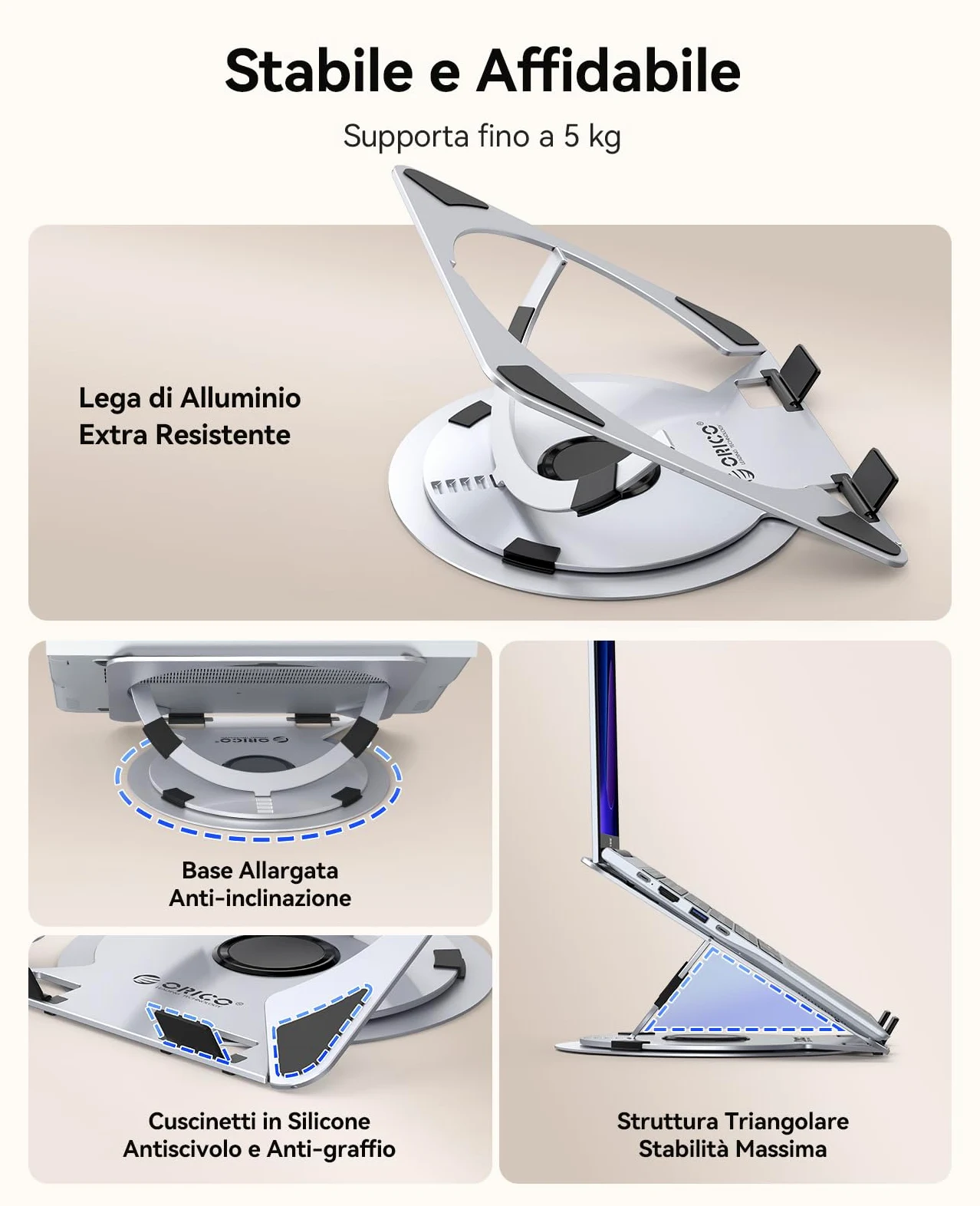 ORICO Supporto PC Portatile Regolabile, Laptop Stand Ventilato con Base Girevole a 360°, Supporto Laptop Ergonomico Pieghevole per Scrivania, Compatibile con Notebook da 10-17" - NS1, Argento