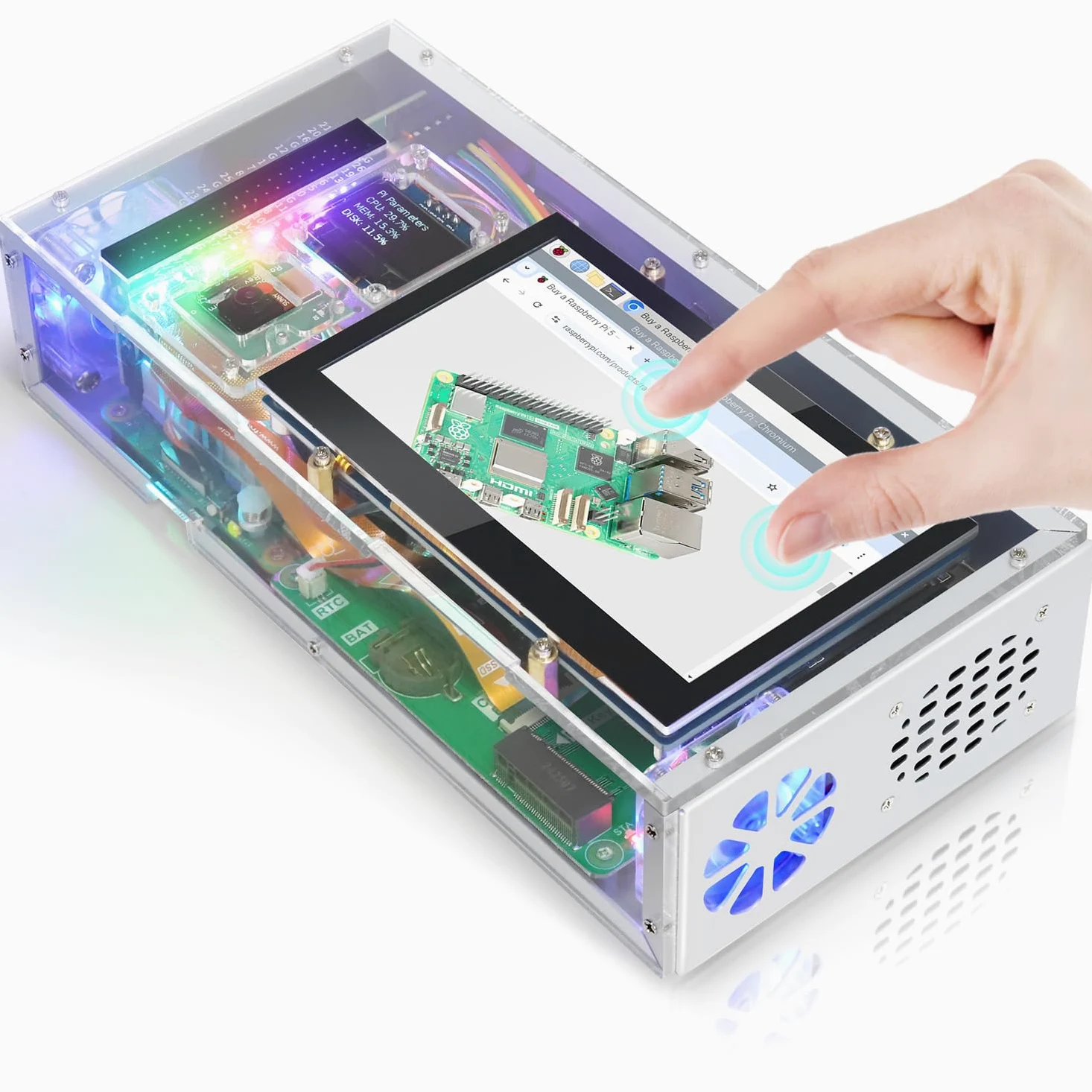 Freenove Computer Case Kit for Raspberry Pi 5 (NOT Included), M.2 NVMe SSD Slot 1231 MB/s, 4.3 Inch Touchscreen, 5 MP Camera, OLED Screen, Stereo Speakers, 3.5 mm and Optical Audio (S/PDIF)