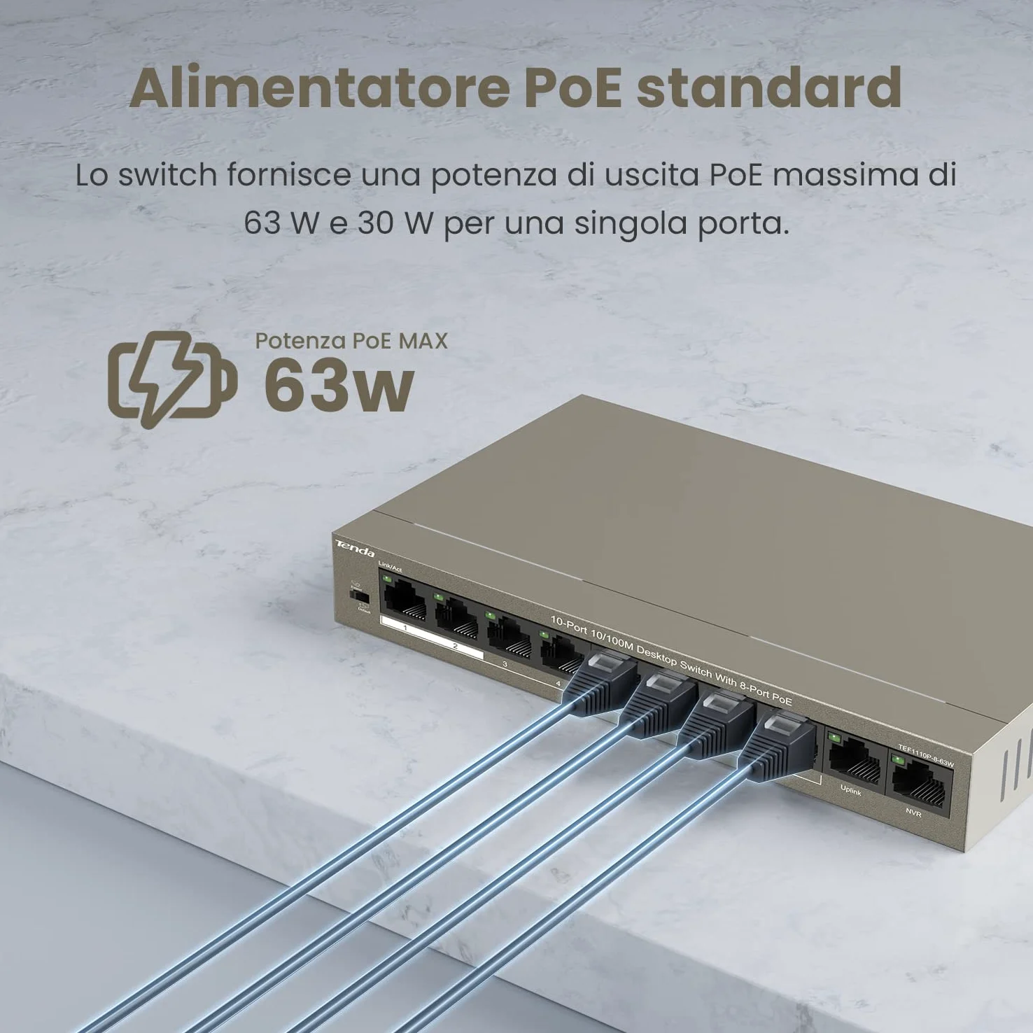 Tenda PoE Switch Ethernet 10 Porte 10/100 Mbps, QoS, One-key VLAN, 8 Porte PoE, 2 Porte (Uplink&NVR), IEEE 802.3af/at ,63W, Nessuna Configurazione Richiesta, Cassa in Metallo TEF1110P-8-63W