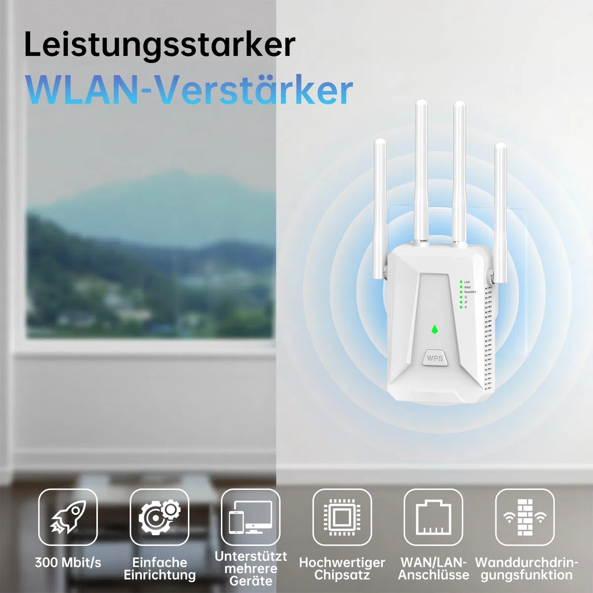 Ripetitore WiFi Potente per Casa, WiFi Extender 300Mbps, 2.4GHz Velocità Single Band, 4 Antenne, 2 porte LAN, Compatibile con tutti i box Internet con porta Ethernet, Bianco