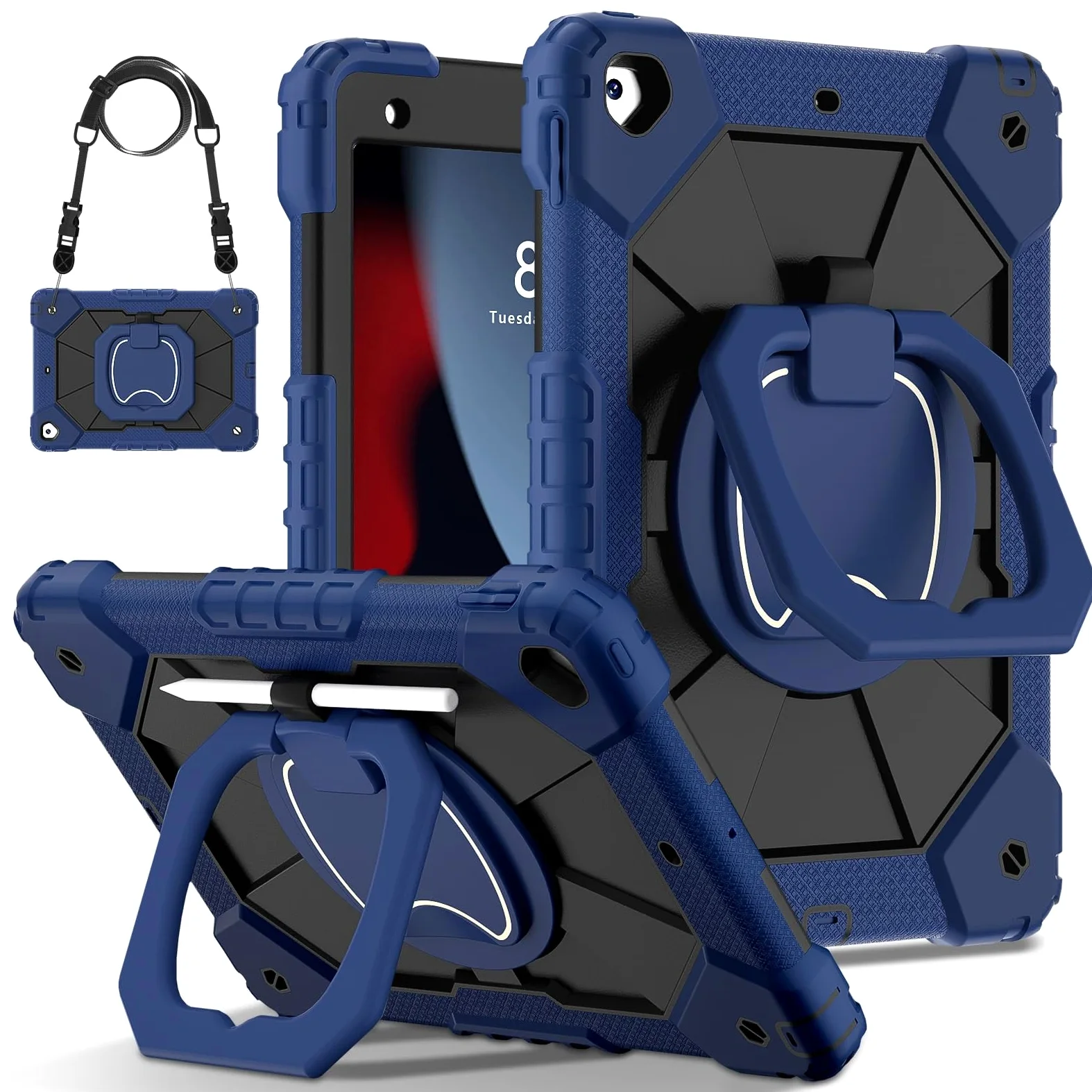 Custodia protettiva per tablet PC compatibile con iPad 9a/8a/7a generazione 2021/2020/2019 (10,2 pollici), robusta custodia antiurto, custodia protettiva W 360 cavalletto girevole + cinghia da polso +