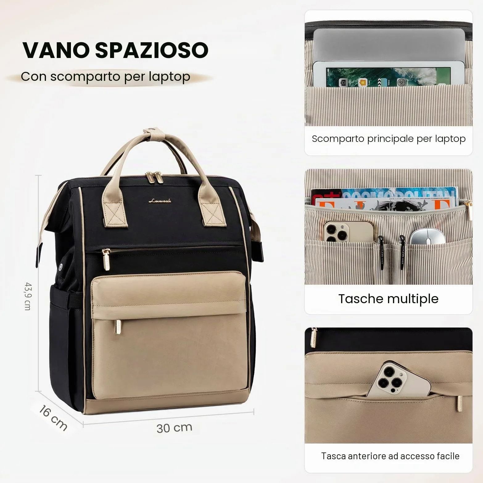 LOVEVOOK Zaino Porta PC Donna, 15,6 Pollici Impermeabile Computer Backpack Antifurto con Porta USB e Scomparto per Laptop per Scuola Università Viaggi Lavoro Aereo Ufficio, Kaki Nero