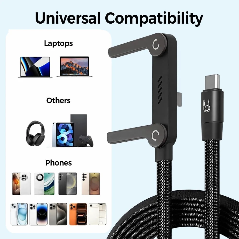 Cavo USB-C intrecciato a ricarica rapida con supporto per telefono integrato, cavo pieghevole a forma di T a 90 gradi, caricabatterie multifunzionale, lunghezza 1,5 m, design ad angolo retto