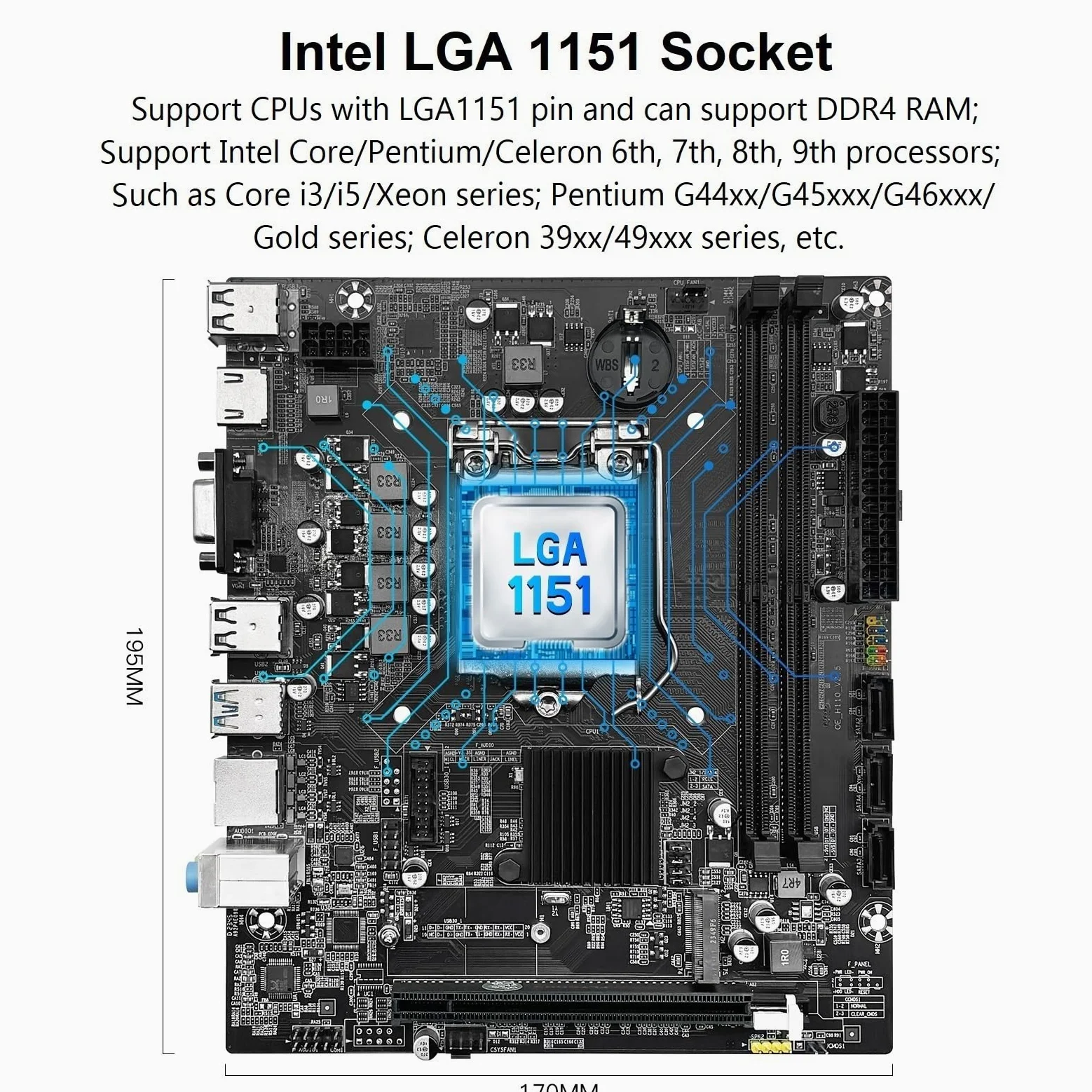 SHANGZHAOYUAN Scheda madre H110 LGA 1151, scheda madre da gioco per processori Intel 6-9a generazione Core i3/i5 Pentium, serie Celeron, DDR4, PCIe 3.0/2.0, NVME/NGFF M.2, SATA 6 Gbps, VAG,