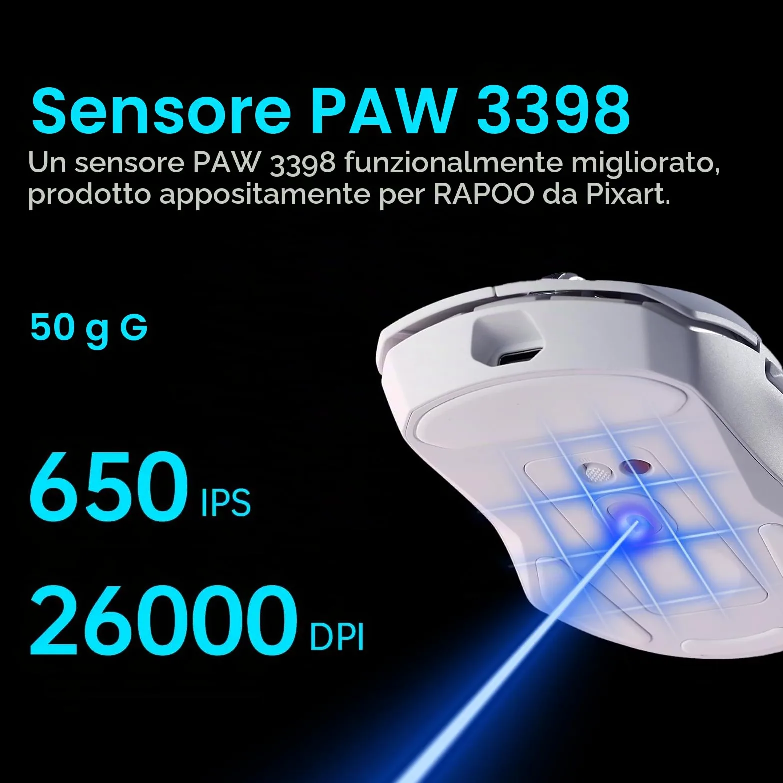 Rapoo VT9PRO 4K Mouse Wireless Gaming 68g Ultraleggero Mouse da Gioco | PAW3398 26K DPI, 4000Hz, Batteria 160 Ore, 10 Tasti Programmabili, Memoria Integrata, Mouse Ricaricabile per PC/ Mac, Bianco