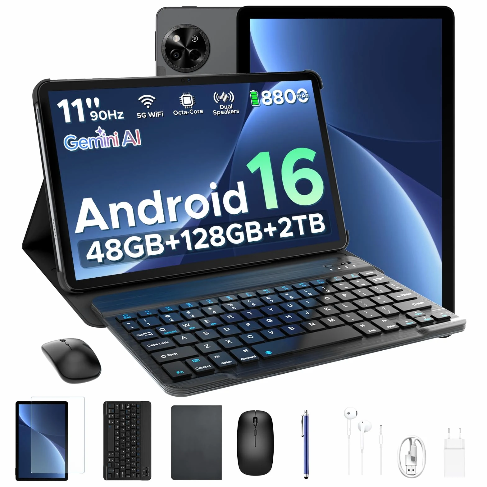 P11 Android 16 Tablet 11 Pollici, 48GB RAM+128GB ROM (2TB TF), 90Hz, T7250 Octa-Core, 8800mAh, 13MP+5MP, Gemini AI, Widevine L1, Face ID, GPS, FM, Tablets con Tastiera e Penna, Nero