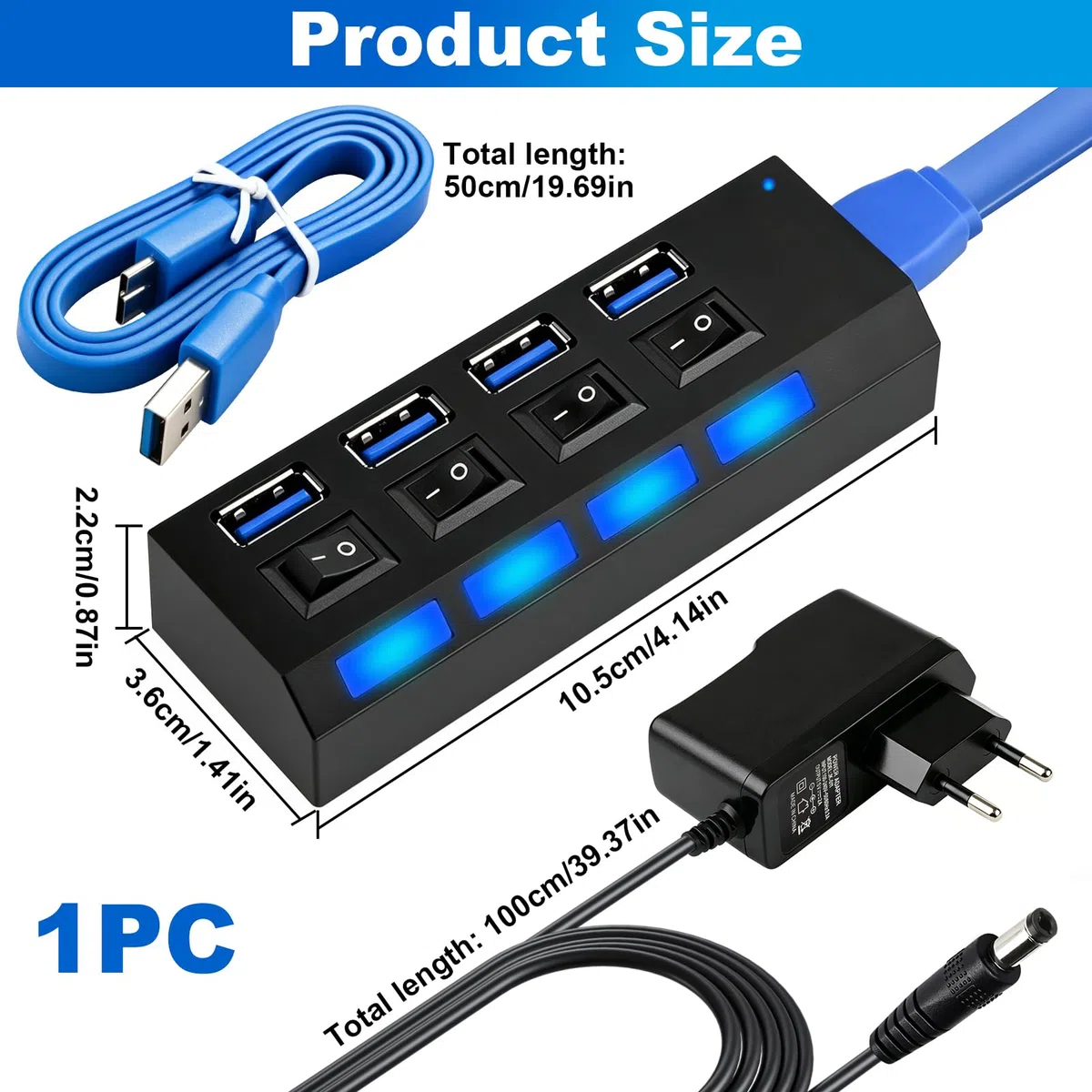 Hub USB 3.0 Alimentato, Hub USB 4 Porte con Interruttore LED Individuali, Splitter USB3.0 con alimentazione 5V 2A