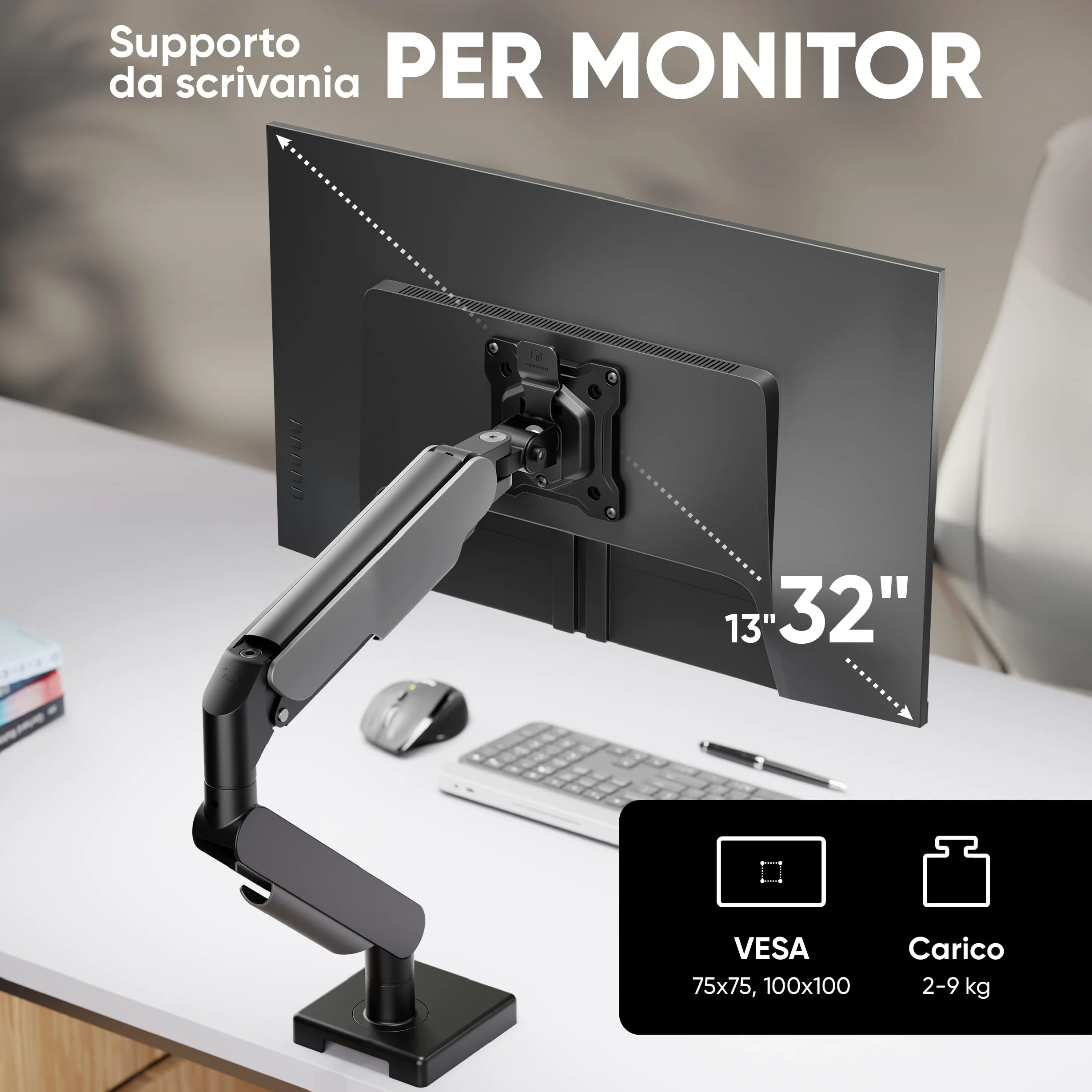 ONKRON Supporto Monitor Scrivania 13-32 pollici, 2-9 kg, Braccio Monitor VESA 75x75-100x100, Supporto Schermo PC Snodabile, Porta Schermo PC da Scrivania Regolabile in Altezza, Universale, Nero G50-B