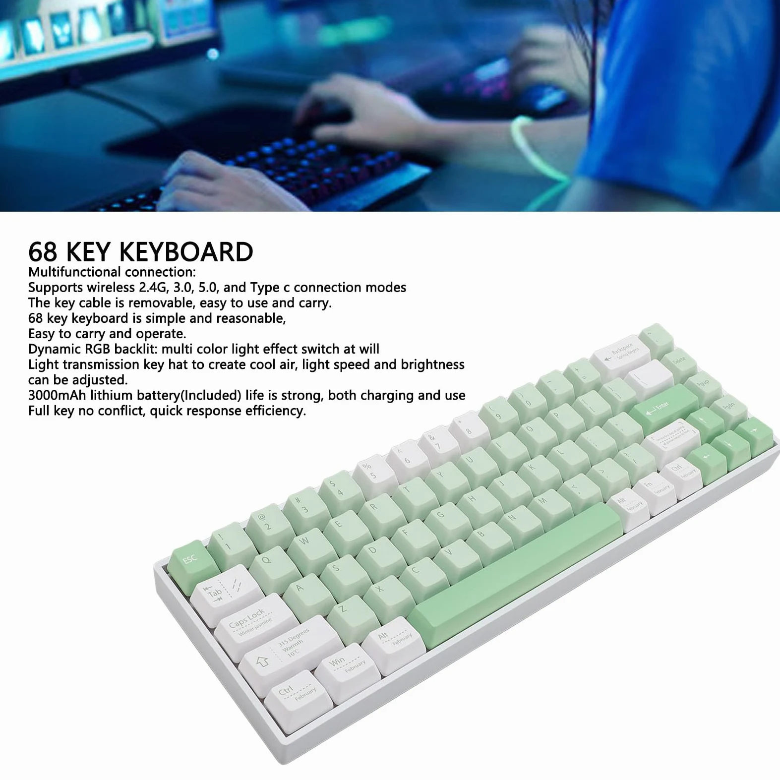 Sxhlseller Tastiera Meccanica a 68 Tasti, Tastiera da Gioco Wireless Bluetooth 3.0 5.0 Tipo C Cablata RGB Retroilluminata Al 60% con Interruttore Blu e Batteria Al Litio da 3000 MAh