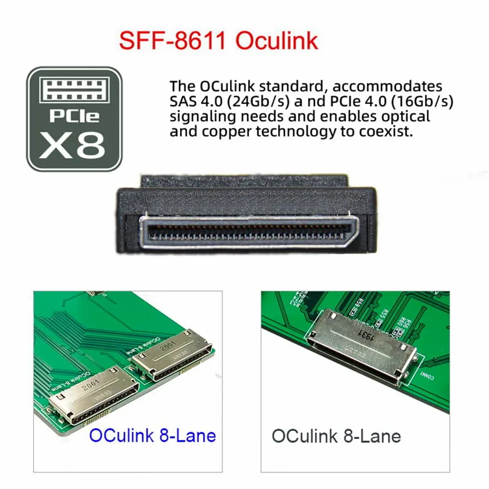 OCuLink PCIe PCI-Express SFF-8611 8X 8-Lane a Dual SFF-8611 Oculink 4X SSD, cavo dati attivo, 50 cm
