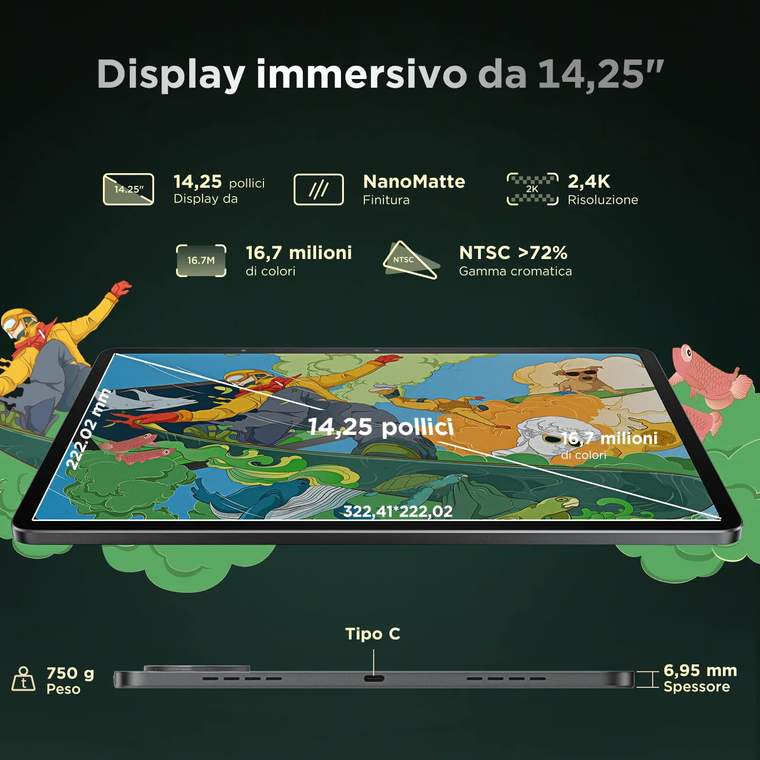 Ugee Android tablet UT3 14,25 pollici, Octa Core con Grafica Indipendente e Sensore U da 8 GB + 256 GB, Batteria 10000 mAh