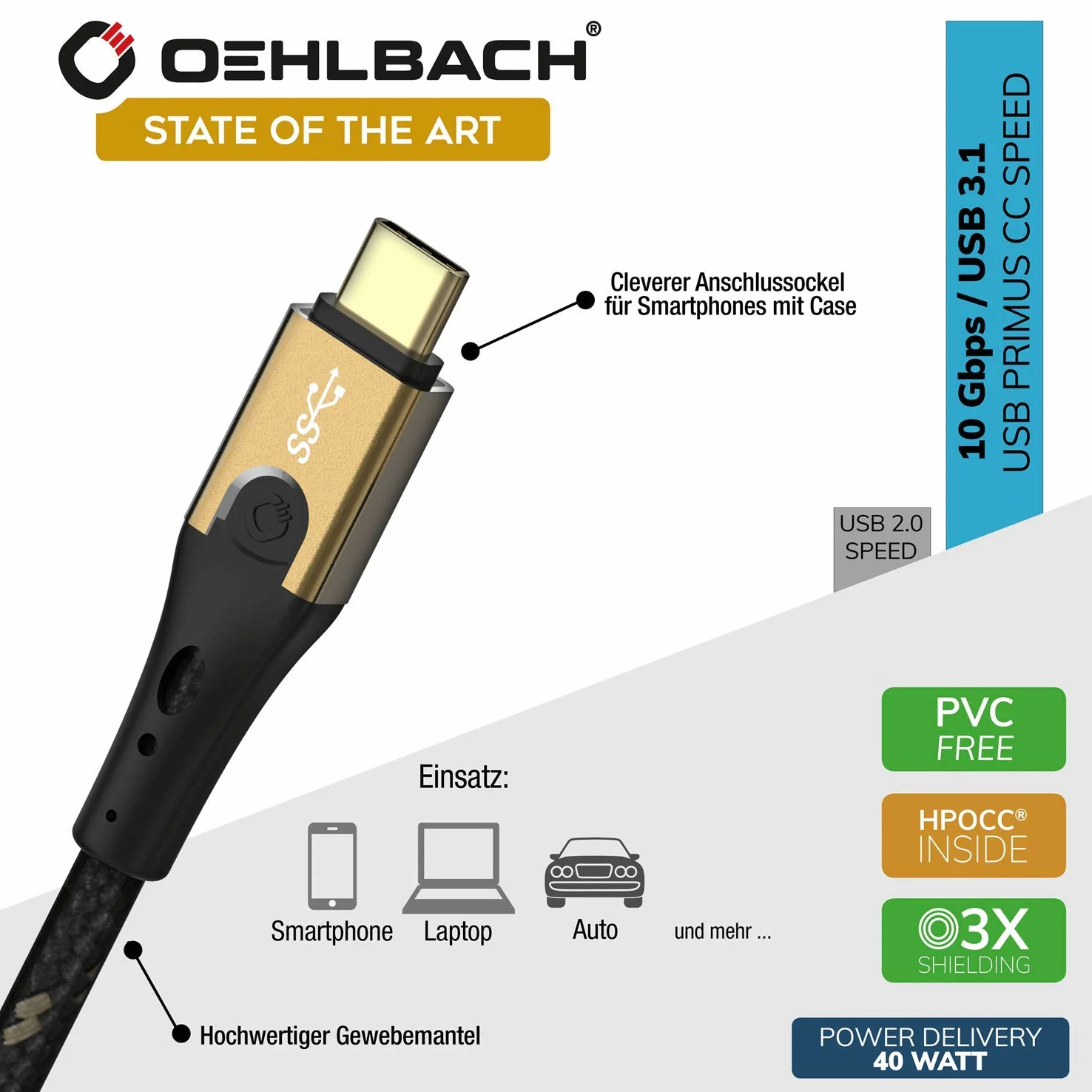 Oehlbach Primus Cavo USB tipo C a tipo C – State of The Art – Super Speed 10 Gbps 40 W Fast Charge veloce ad alta flessibilità HPOCC 3 schermature 4K 60Hz – Nero/Oro – 2 metri