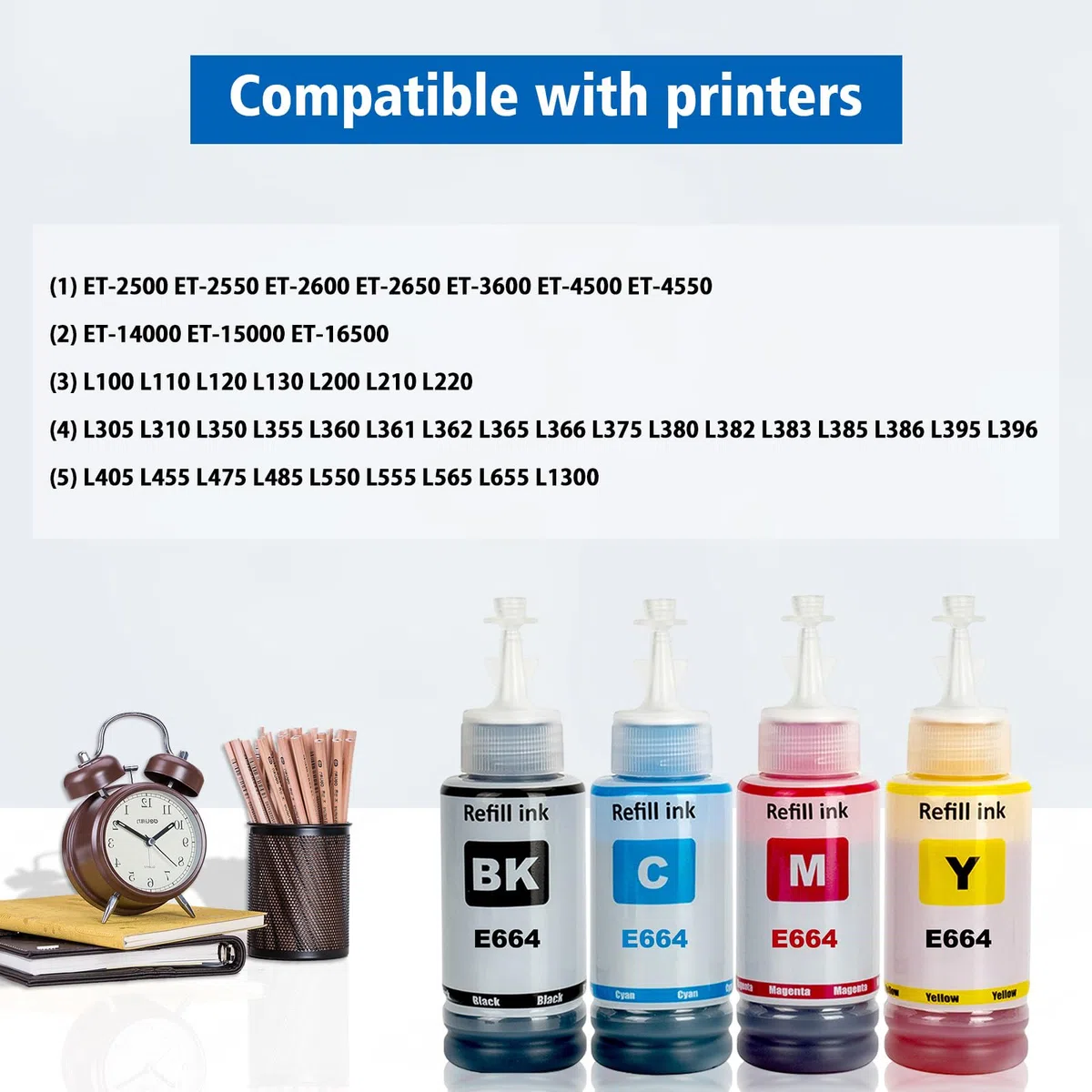 E664 Inchiostro Compatibile per ET-2500 ET-2550 ET-2600 ET-2650 ET- 3600 ET-4500 ET-4550 ET-14000 ET-15000 ET-16500 L1300 L100 L110 L200 L210 L350 L355 L365 L455 L550 L555 (BK/C/M/Y)