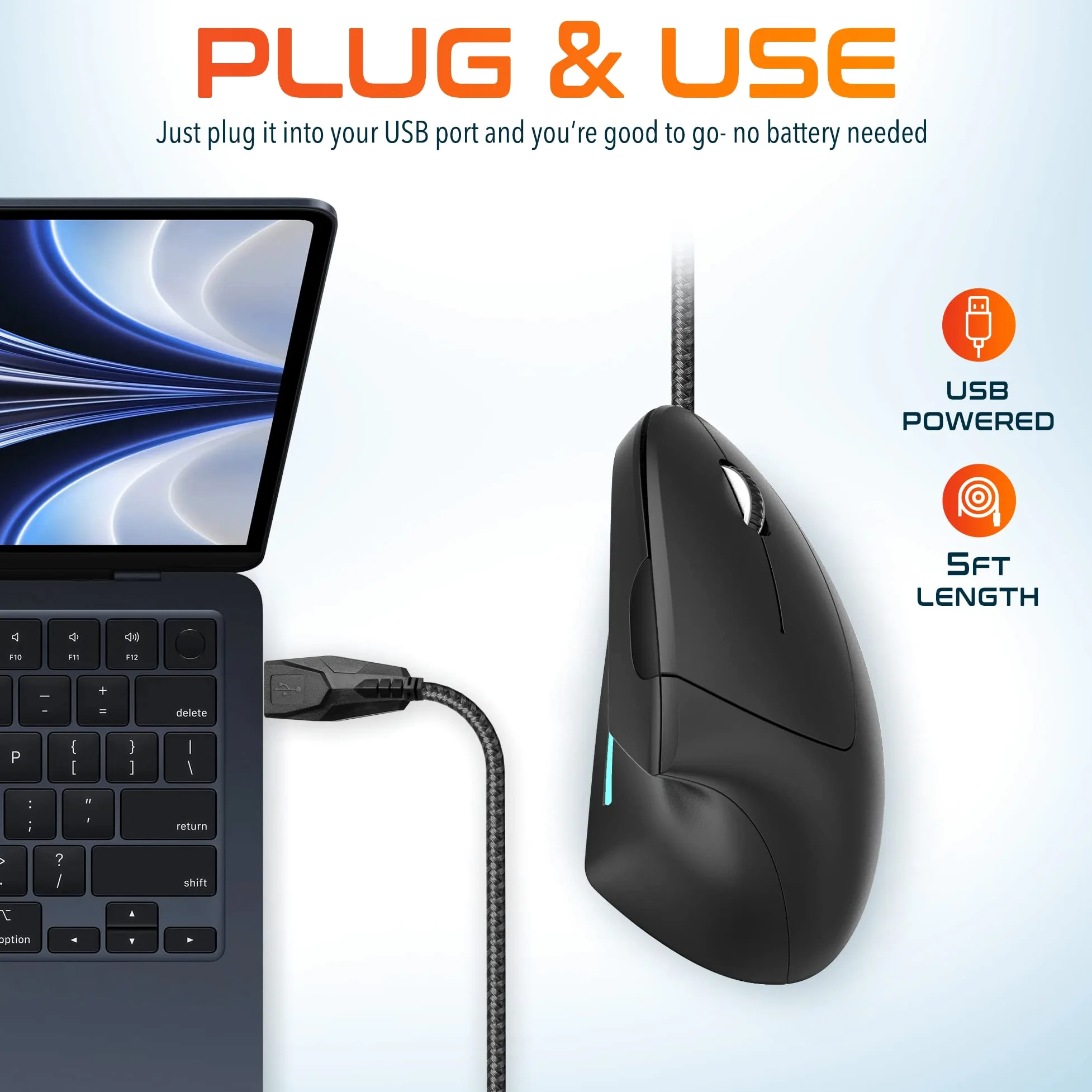 Delton Mouse ergonomico verticale cablato S12, 6 pulsanti, 3 livelli DPI regolabili (800/1200/1600) e rotella di scorrimento 3D, compatibile per PC, laptop, Mac, Chromebook – nero