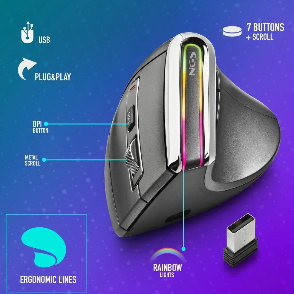 NGS EVO KARMA - Mouse Verticale Ergonomico Senza Fili, Ricaricabile, 5 Pulsanti Silenziosi+Scorrimento, Sensore ottico: 800/1200/1600/3200 DPI, 2.4GHz USB + Bluetooth 3.0 + Bluetooth 5.0, Plug&Play