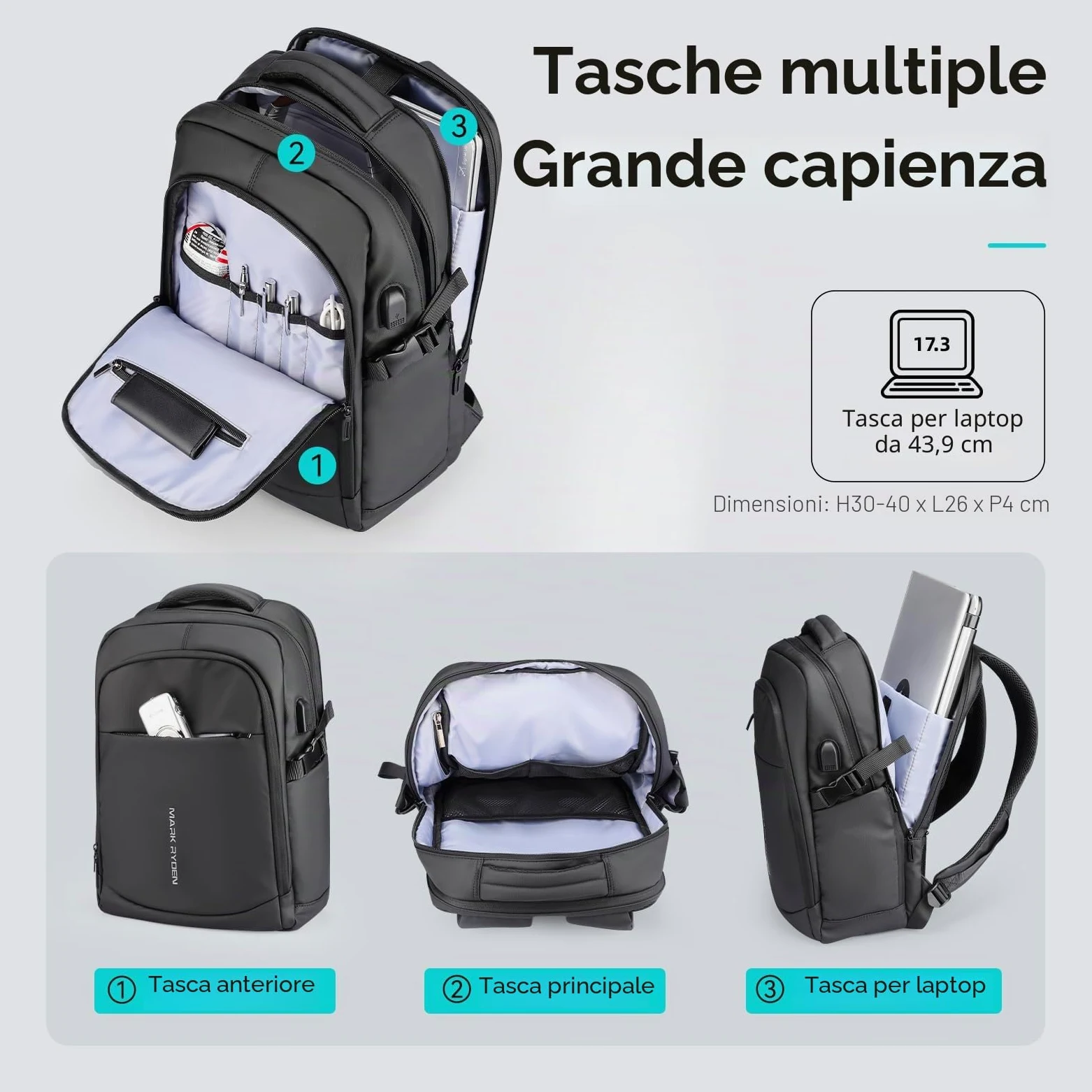MARK RYDEN Zaino per Computer Portatile da 15.6 Pollici per Laptop PC Anti Borseggio Anti Graffio Zaino da Lavoro Impermeabile con Presa Ricarica USB per Viaggiare Scuola e Ufficio