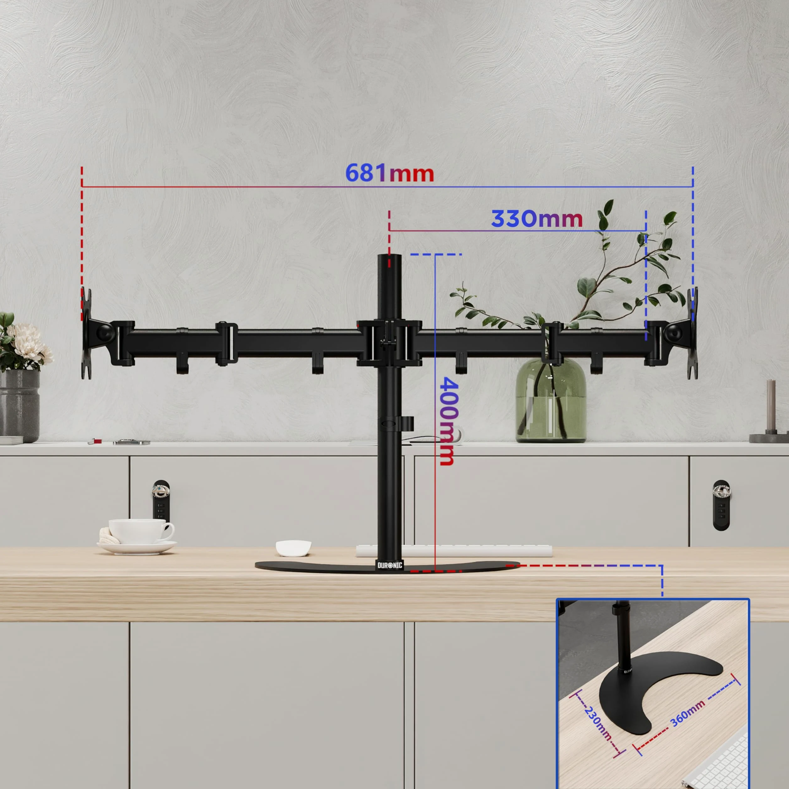 Duronic DM25D2 BK Supporto Monitor doppio per 2 schermi da 13-27 pollici, Braccio monitor PC ergonomico fino 8kg, VESA 75/100mm, regolabile altezza inclinazione girevole, per ufficio casa scuola, nero