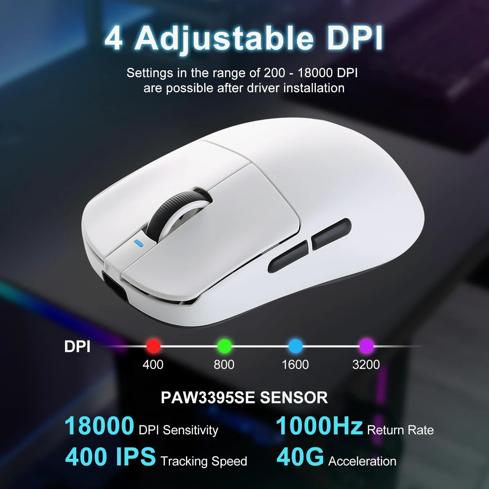 R1 SE+ Mouse da gioco wireless, 18000 DPI, sensore PAW3395SE ad alta precisione, leggero 55 g, tre modalità di connessione, mouse ergonomico programmabile, adatto per laptop/PC/Mac (bianco)