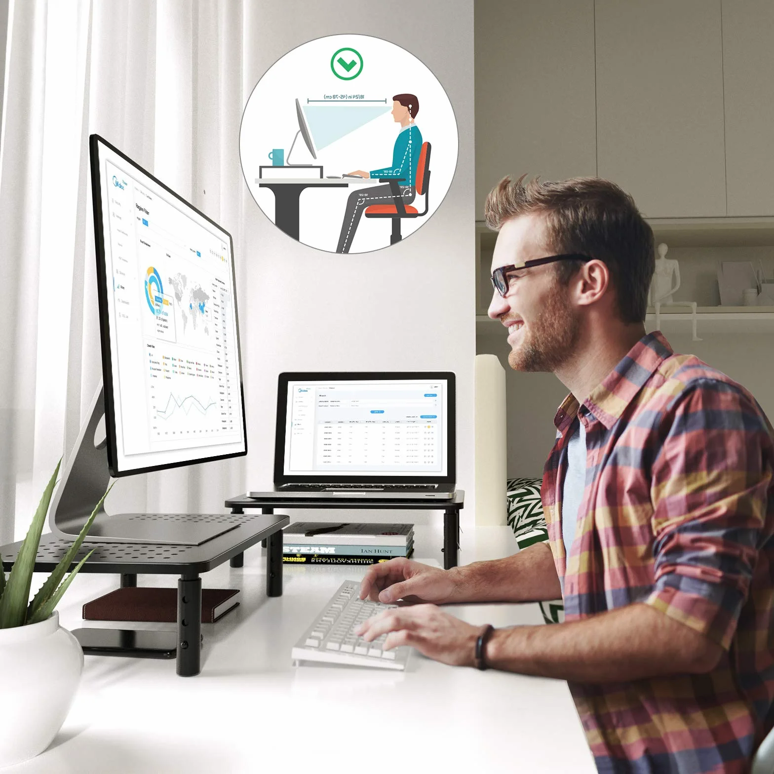 HUANUO Supporto per monitor - Supporto per computer portatile ergonomico e regolabile in 3 altezze con piattaforma a rete per laptop, computer, iMac, PC, stampante fino a 20 kg