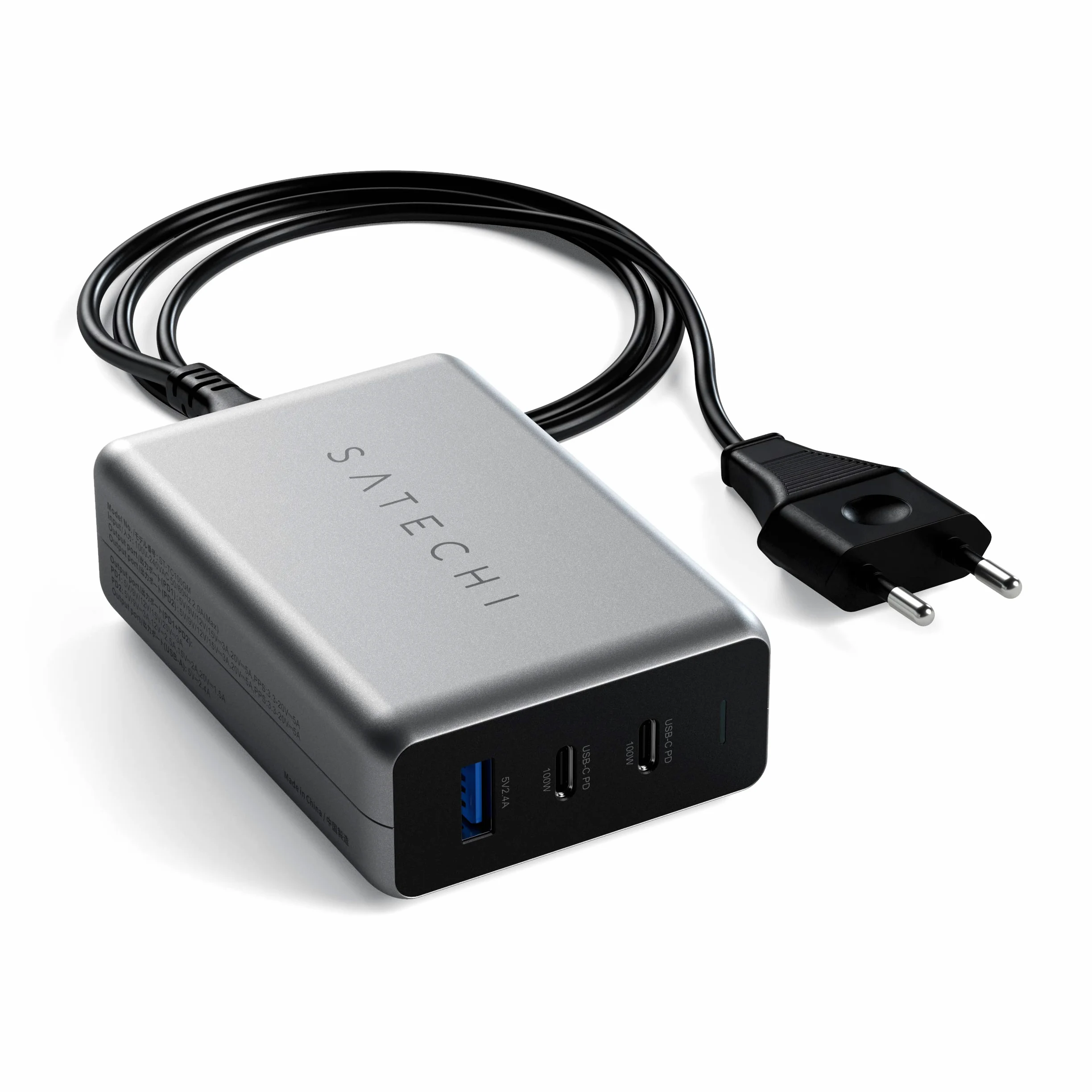 SATECHI Caricatore USB C GaN 100W, 3 Porte, Compatto | 2x Porte USB-C e 1x USB-A, per MacBook Air/Pro/Neo, iPad, iPhone, AirPods, Apple Watch, Android e Windows