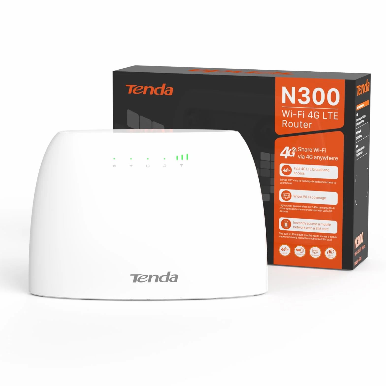 Tenda 4G03 Router 4G LTE Cat4 Wireless N300Mbps, Router WiFi con Sim, Porta LAN/WAN, Modem 4G Sim, Senza Configurazione, Antenne Interne, Plug&Play, Collega fino a 32 Dispositivi Contemporaneamente