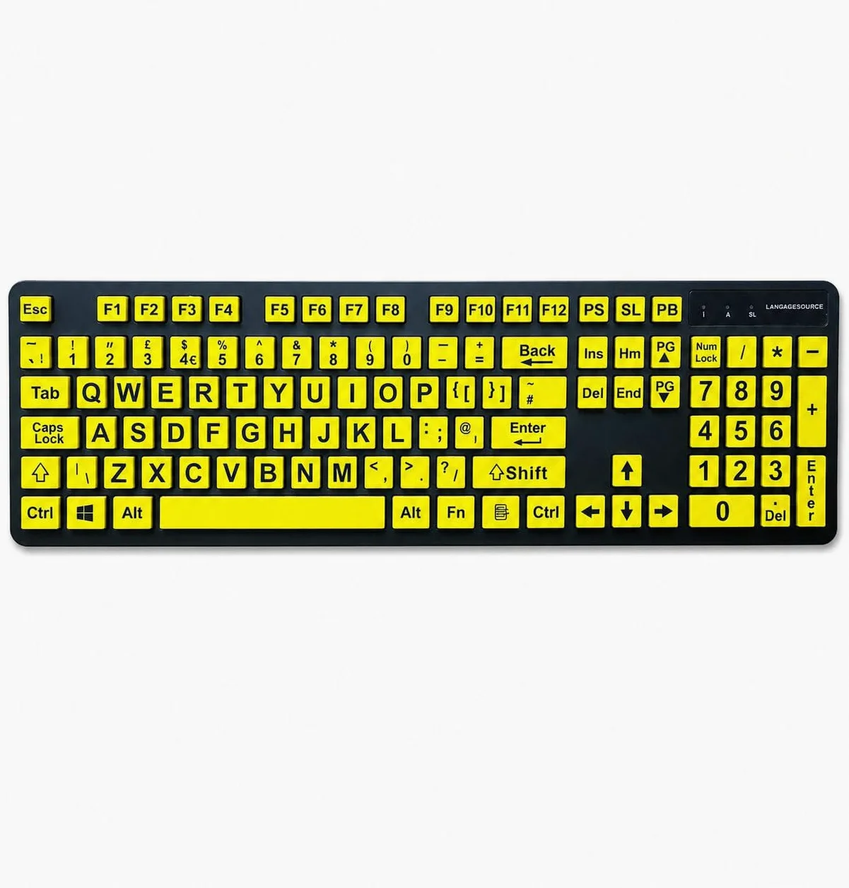 Grande tastiera di stampa, layout inglese in lingua inglese, tastiere USB cablate per computer tasti gialli per ipovedenti e ipovedenti.