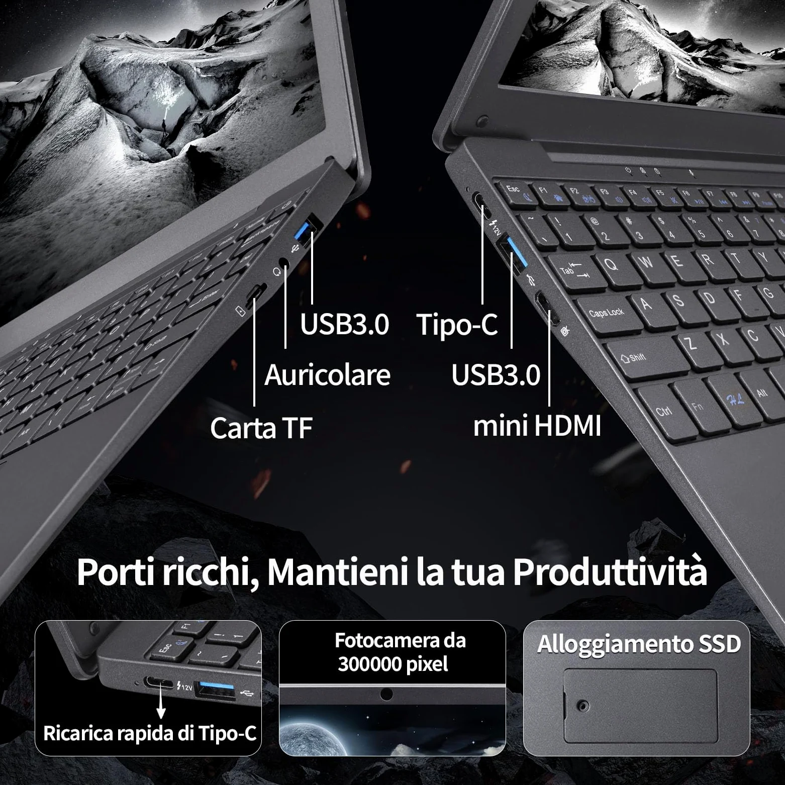 Mini Laptop 10.1 Pollici Ultrasottile 0,79 kg, Netbook Leggero Win11,Layout Tastiera Italiano, Webcam, WiFi5, Bluetooth 5.0, USB 3.0, Type-C, HDMI, Mouse Wireless (Grigio) 8GB DDR4 128GB SSD