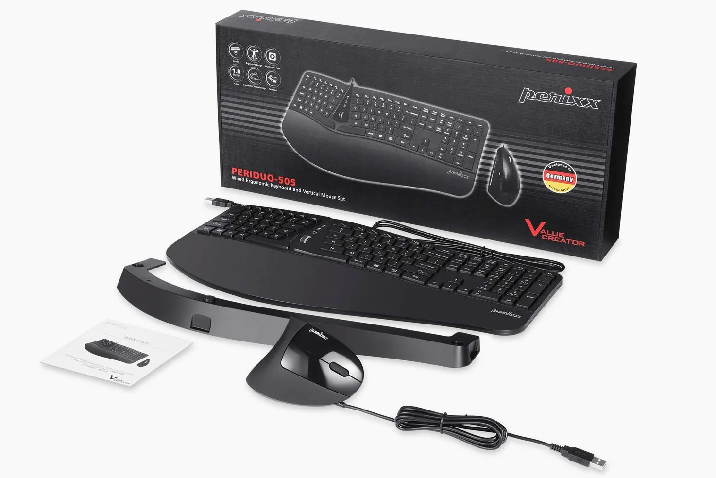 Perixx Periduo-505 - Tastiera ergonomica con mouse verticale, tastiera divisa, rotella di scorrimento a 4 vie, poggiapolsi personalizzabile, tasti piatti, con cavo USB, QWERTZ