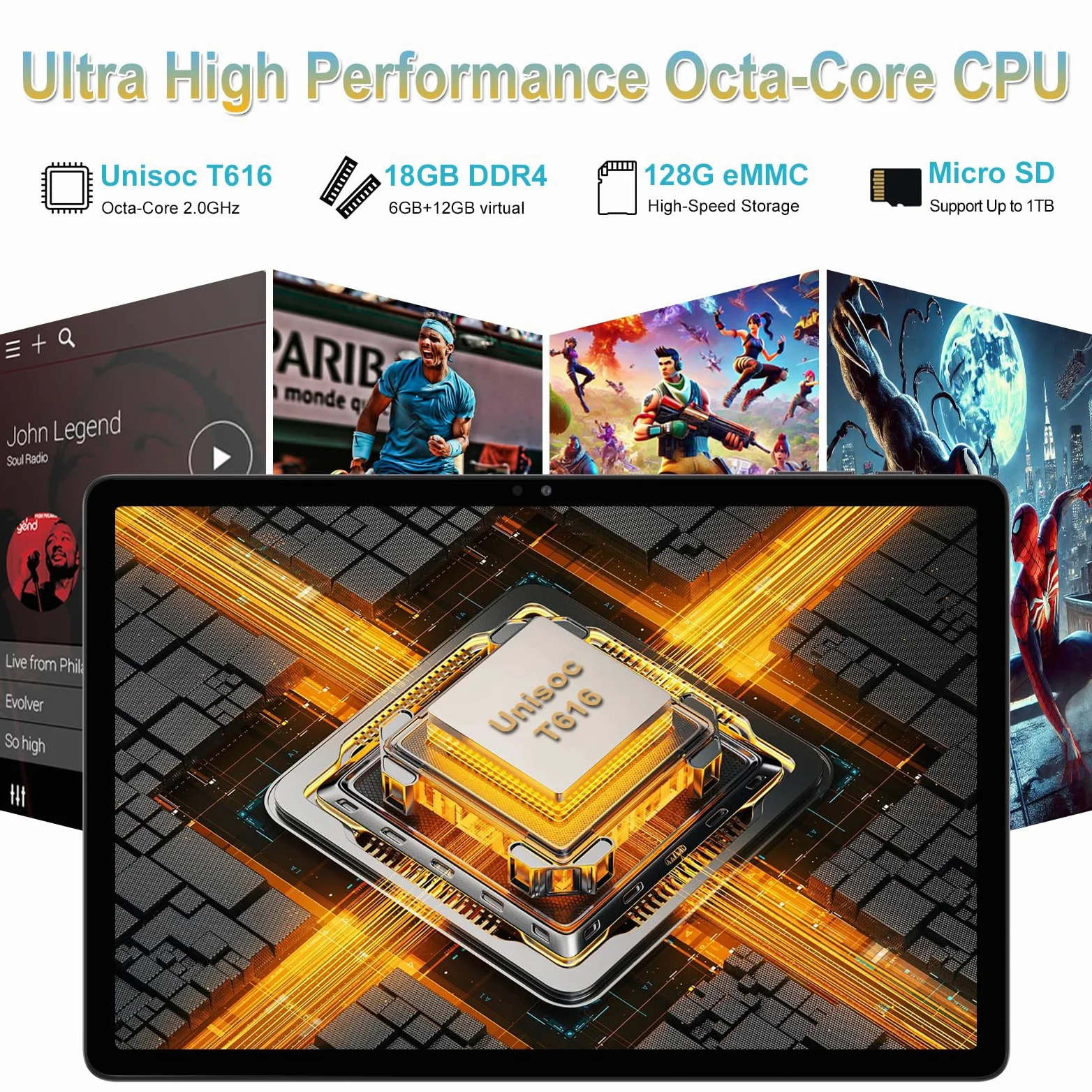 Tablet da 11 pollici Android 14 2000*1200 2K Display Tablet PC, T616 Octa-Core 2.0GHz, 18GB RAM 128GB ROM 1TB espandibile, fotocamera AI 5+5+13MP, 9000mAh, 5G WiFi, con tastiera, custodia, 4