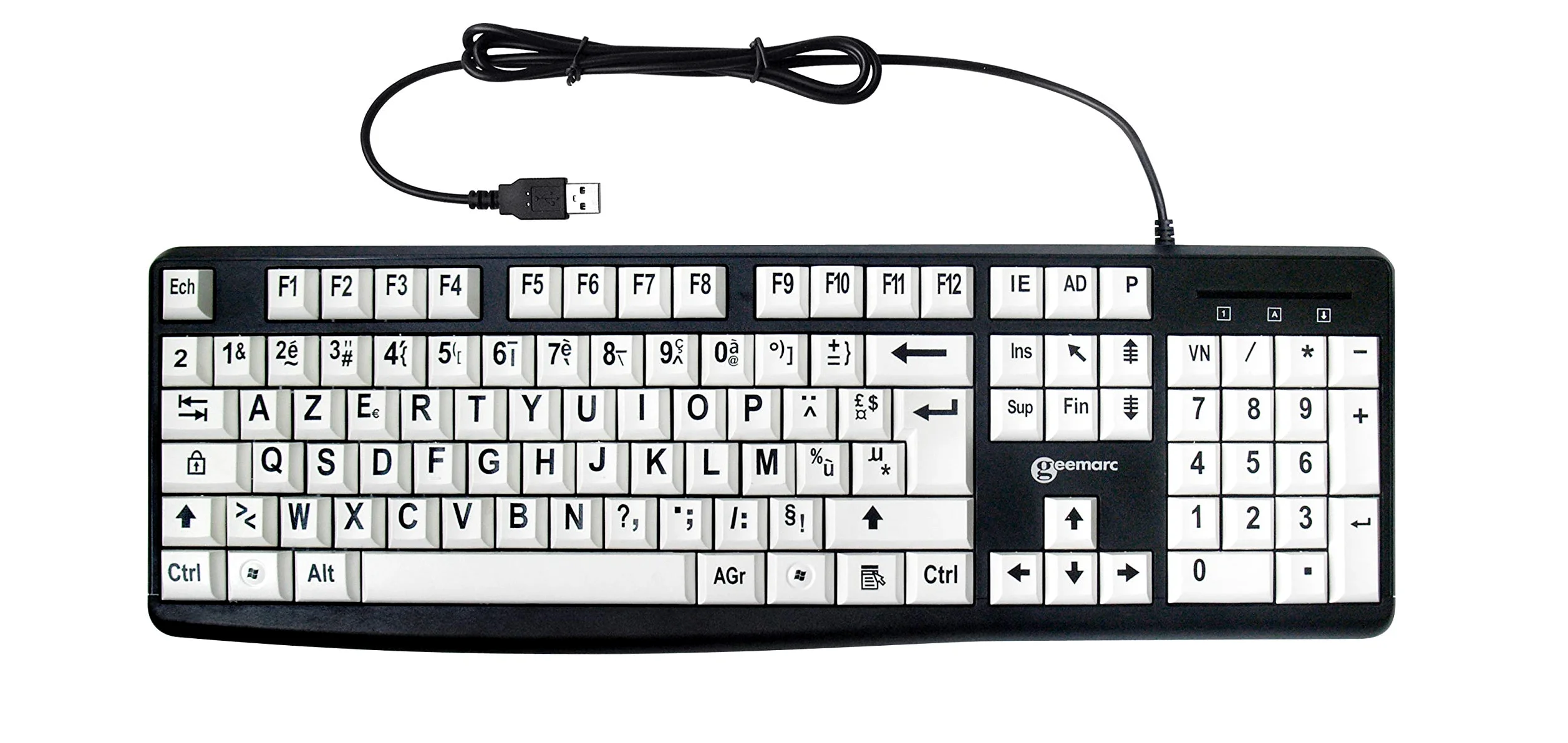 Geemarc - Tastiera alfanumerica cablata con caratteri grandi neri su ampi tasti bianchi, contrasto elevato, compatibile con Windows XP, Vista, 7, 8, 10, AZERTY
