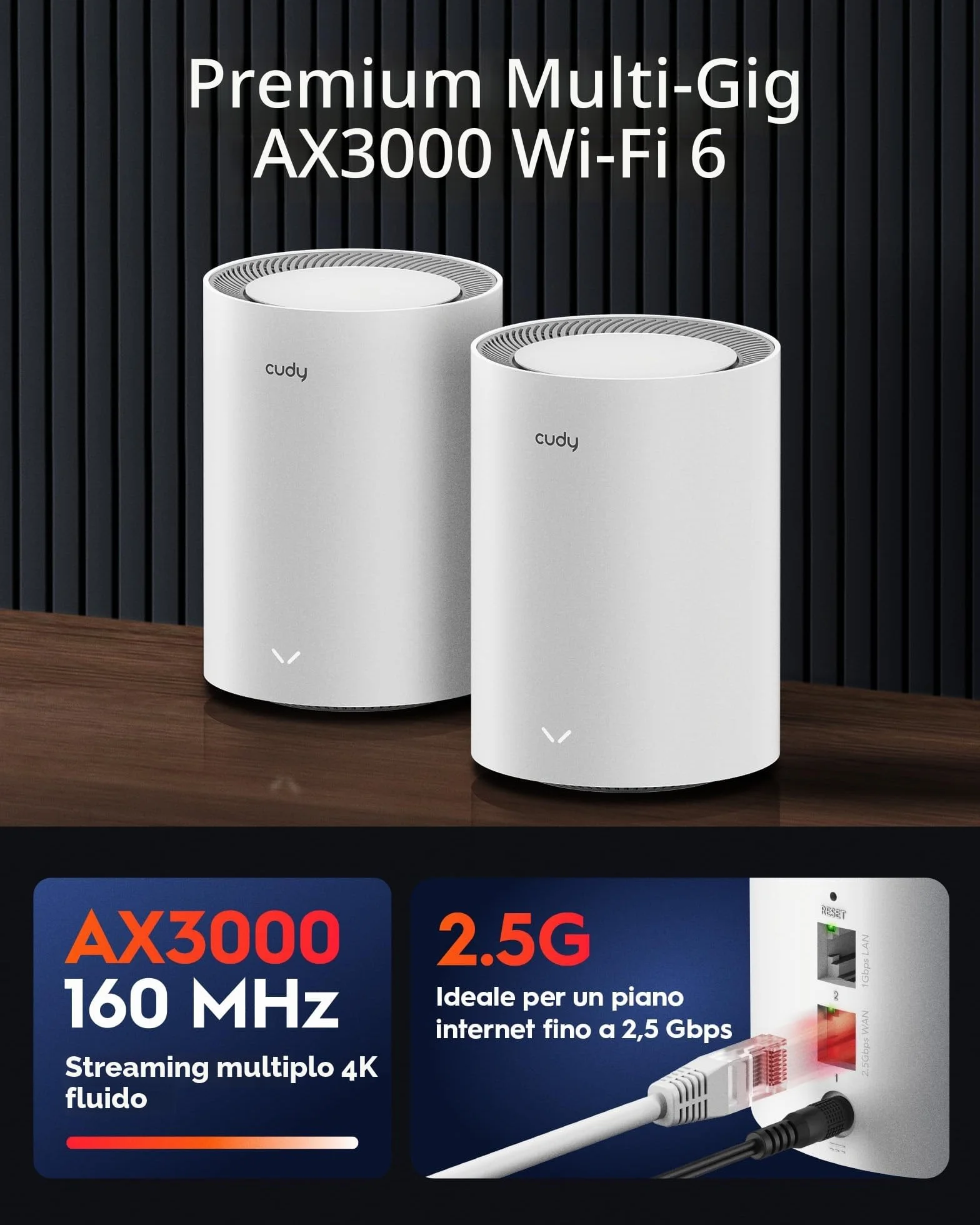 Sistema WiFi 6 Mesh Cudy AX3000 – sostituisce router ed extender, copre fino a 90/200/270 m², porta WAN 2,5 G, supporta backhaul Ethernet, VPN e sicurezza, set mesh M3000 1-Pack
