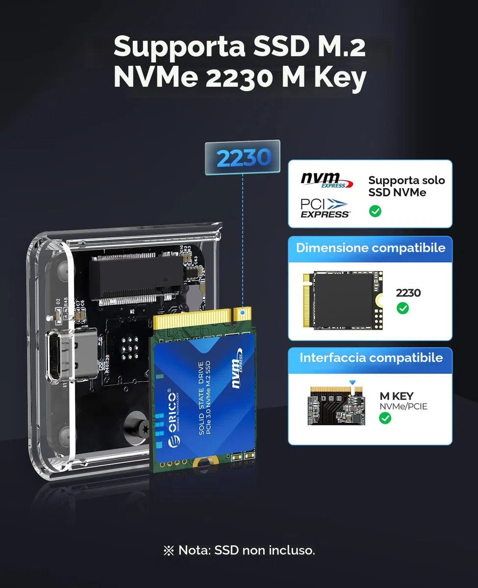 ORICO M.2 2230 SSD Case, 10Gbps Case SSD M2 NVMe, Adattatore da USB C 3.2 Gen2 a M2 NVMe per iPhone 15 Pro Max ProRes, Custodia SSD M2 supporta UASP, Trim, M-Key (B+M Key) - TC20