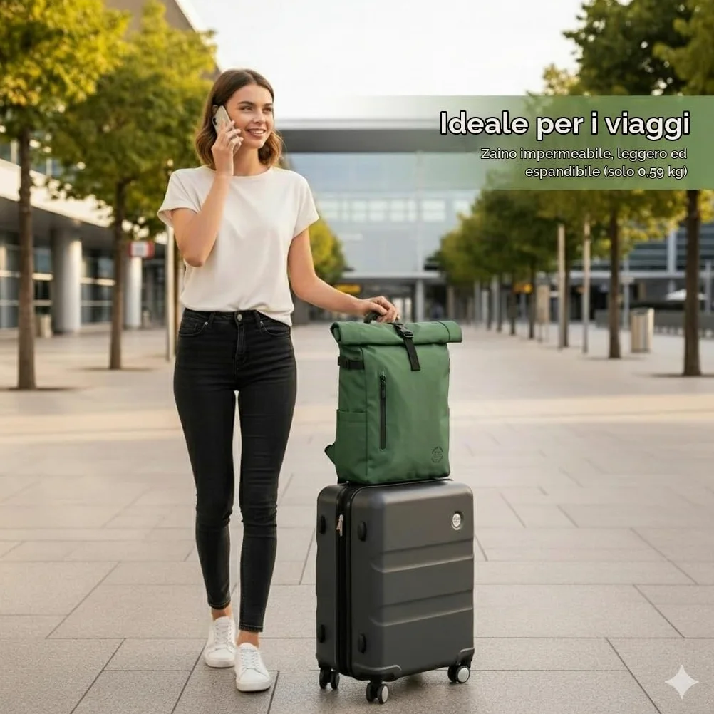 Zaino arrotolabile, impermeabile, espandibile, 20-25 l, con accesso rapido, portatile, casual, unisex, leggero, organizer, maniglia torlley, spallacci imbottiti, viaggi, lavoro, università, Verde