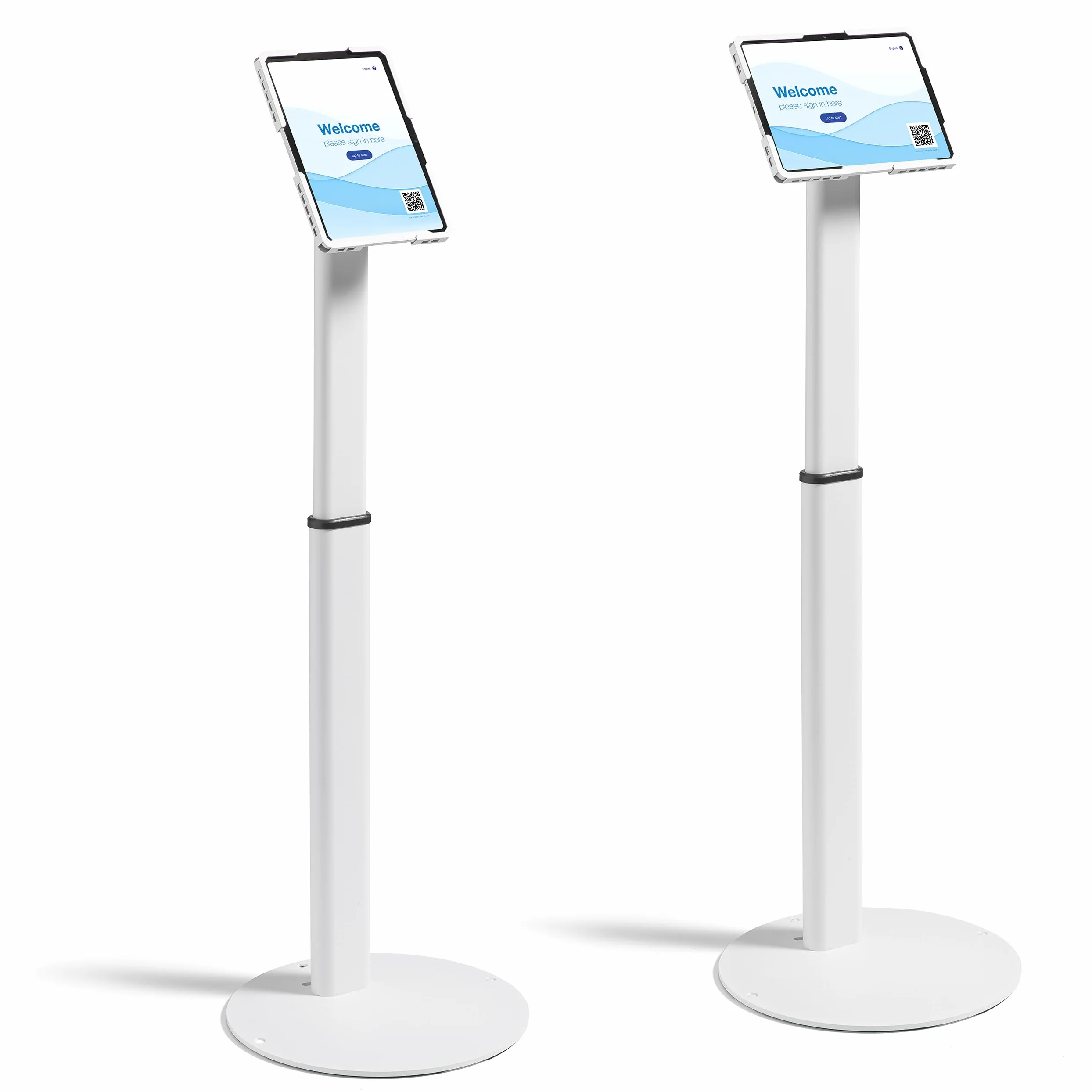 Supporto da pavimento universale per tablet regolabile 70–120 cm – per iPad e tablet 10–13 pollici – girevole, inclinabile, base stabile in metallo, gestione cavi, bianco