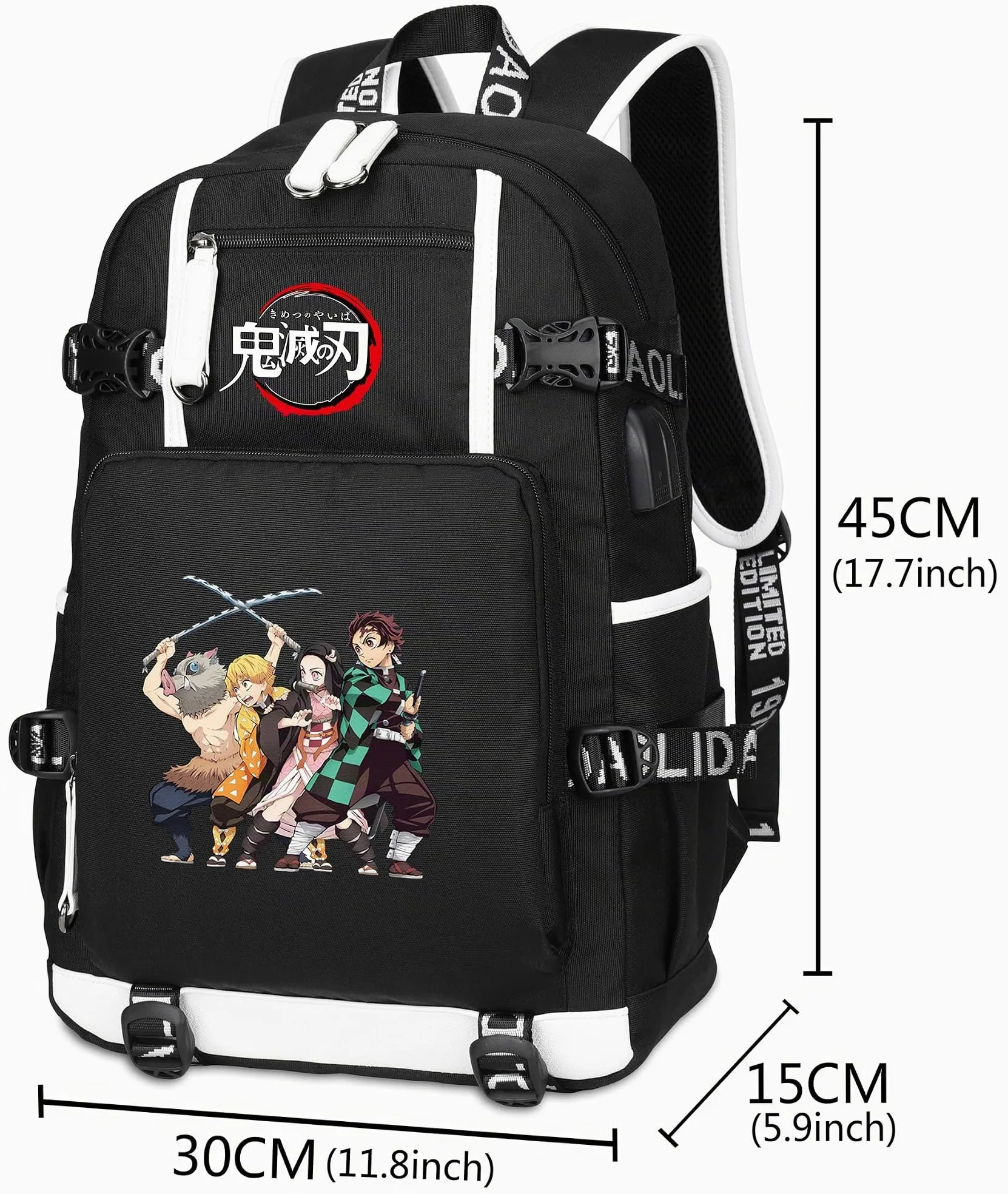 Roffatide Anime Demon Slayer Zaino per laptop stampato con porta di ricarica USB e porta per cuffie