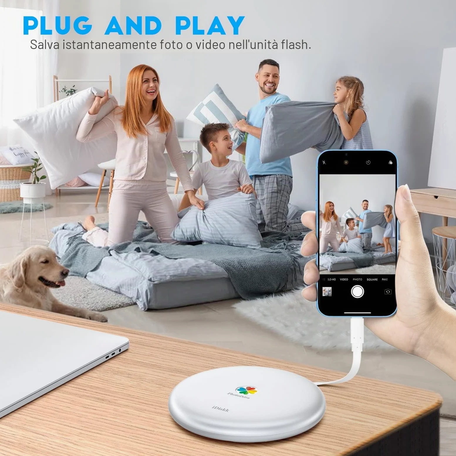 iDiskk (AGGIORNATO) Disco rigido esterno 2 TB per iPhone, disco rigido Lightning certificato MFi, cavo HDD 3 IN 1 integrato per iPhone/iPad/telefoni Android USB-C/PC/Mac, archiviazione iPhone