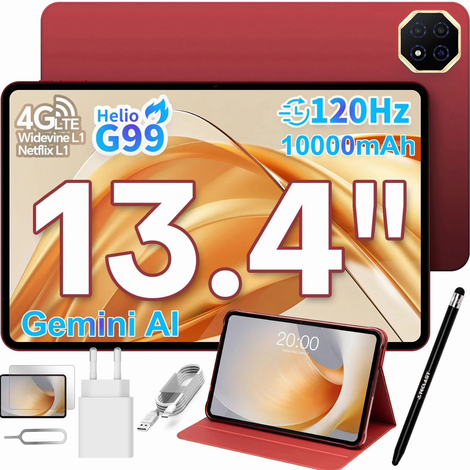 TECLAST T65 PLUS Tablet 13.4 Pollici 120Hz, Helio G99 2.2GHz Octa-Core Gemini AI, Dual SIM 4G LTE+5G WiFi, 10000mAh/18W, 20GB RAM 128GB(TF 8TB), Widevine L1/GPS/13MP/Android Tablets con Custodia+Penna