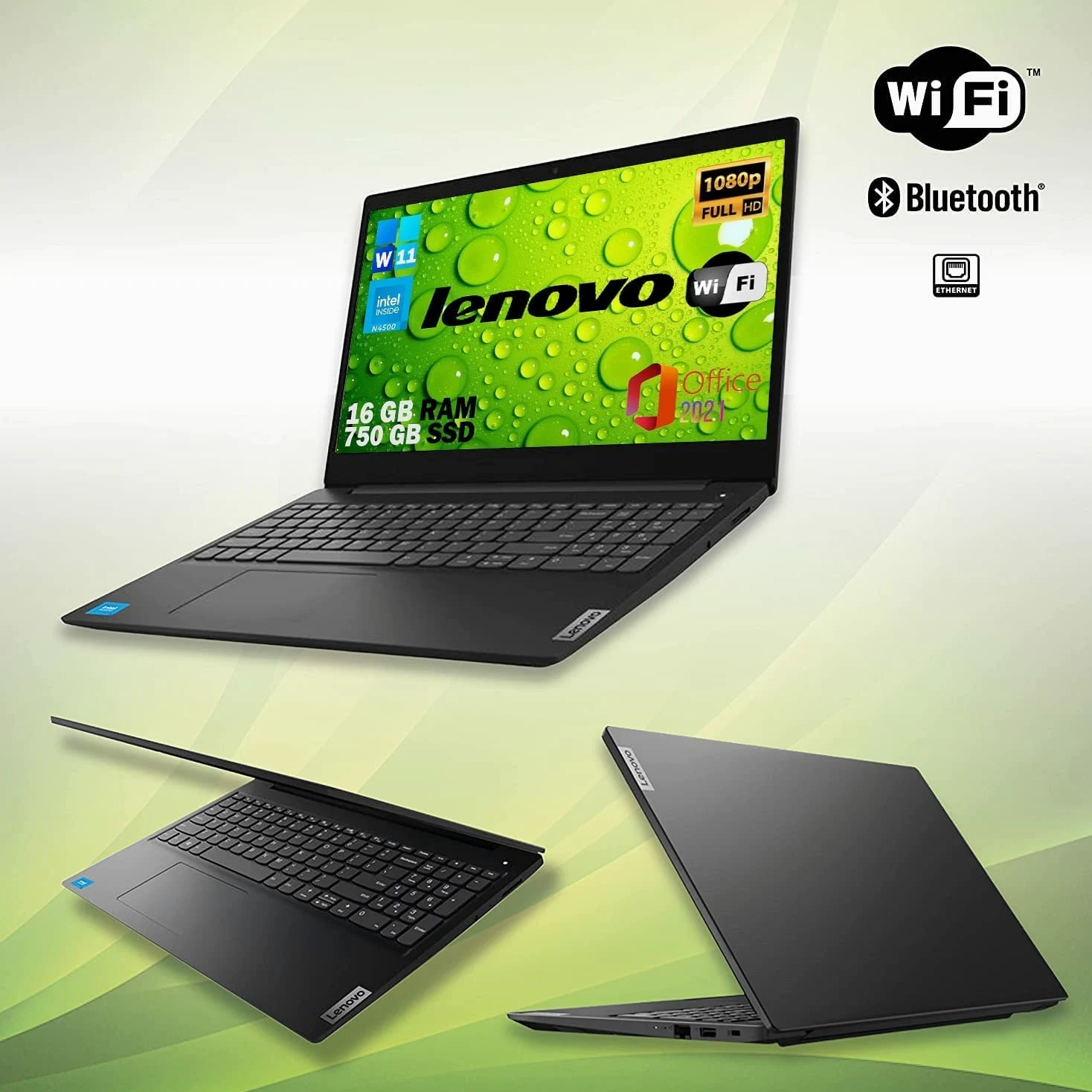 Lenovo, Pc portatile notebook pronto all'uso, Display FHD da 15,6", cpu N4500, ram 16Gb, ssd Nvme 500Gb, win 11 pro, Mouse Wifi